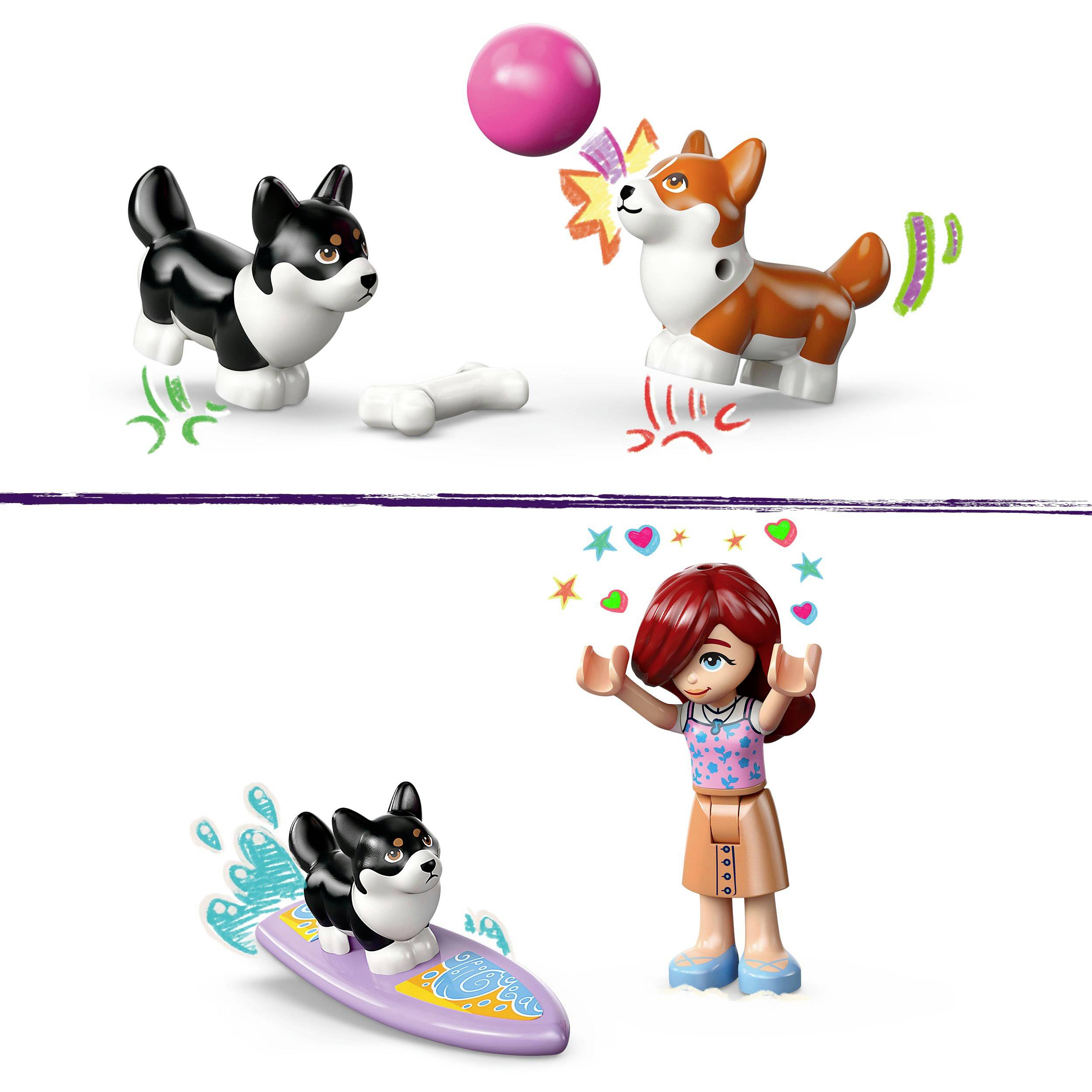 Ein Corgi-Spielzeug jagt begeistert einen rosa Ball, während ein anderer Corgi ein weißes Spielzeugknochen neben sich hat. Eine Figur in lila Kleidung hebt die Hände, daneben ein Corgi auf einem Surfbrett.