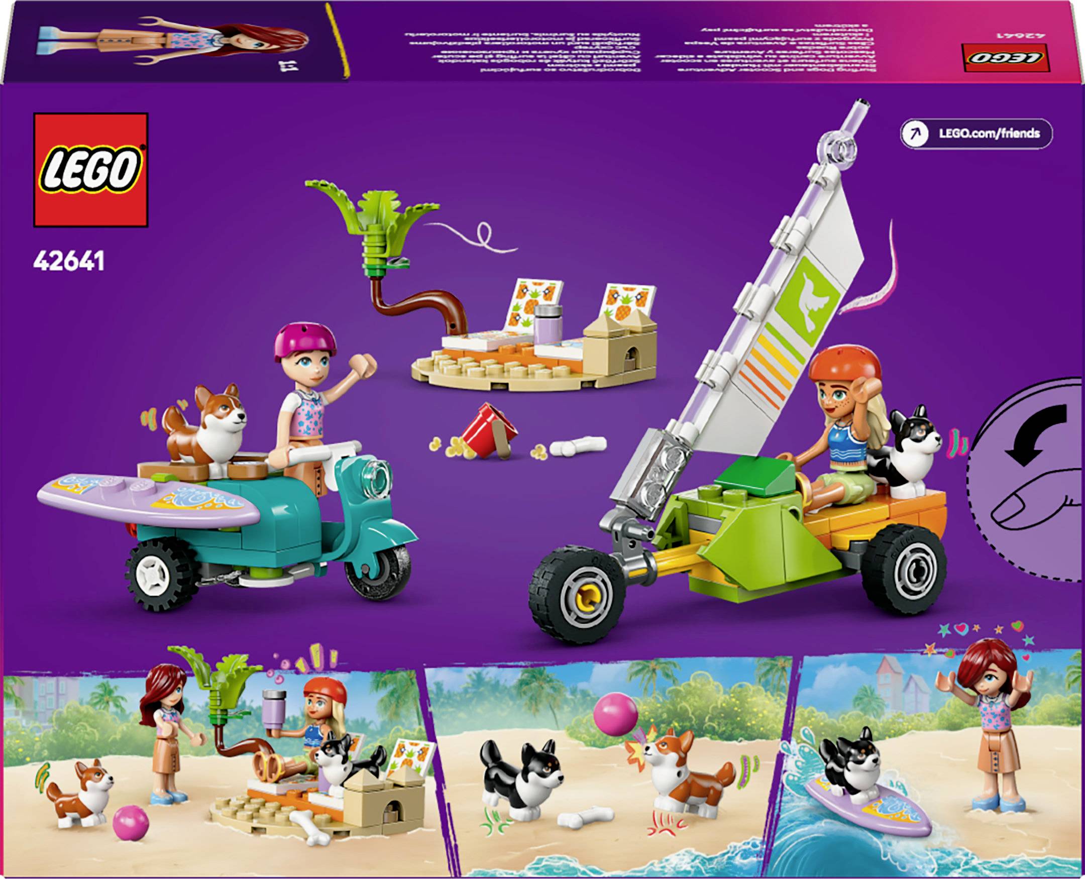 Baukästen-Box mit Figuren und Fahrzeugen am Strand. Kinder spielen mit Hund und Katze. Weitere Details: Surfen, Lego-Logo, Setnummer.