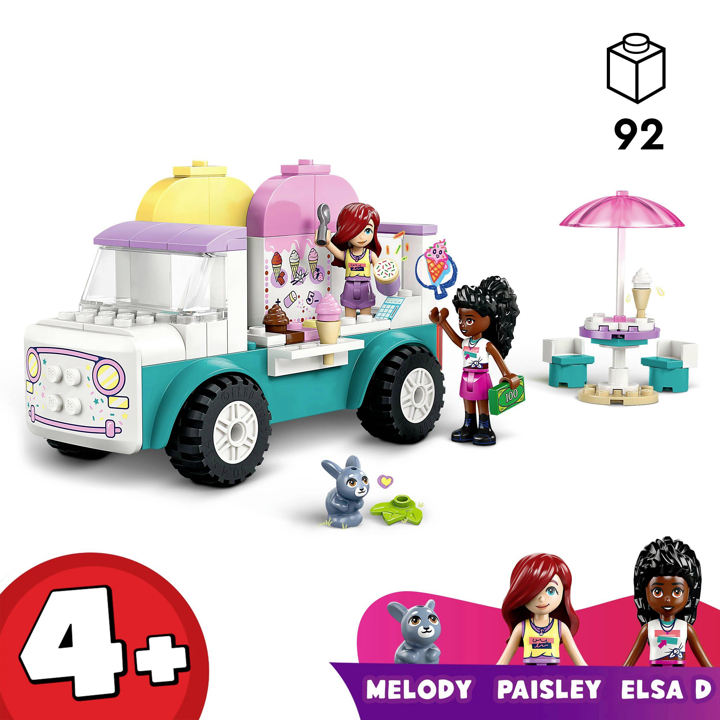 Spielzeug-Eiswagen-Set für Kinder. Enthält Figuren einer Verkäuferin und eines Kunden, Eiswagen, Tische, Stühle und Dekoration. Geeignet ab 4 Jahren.