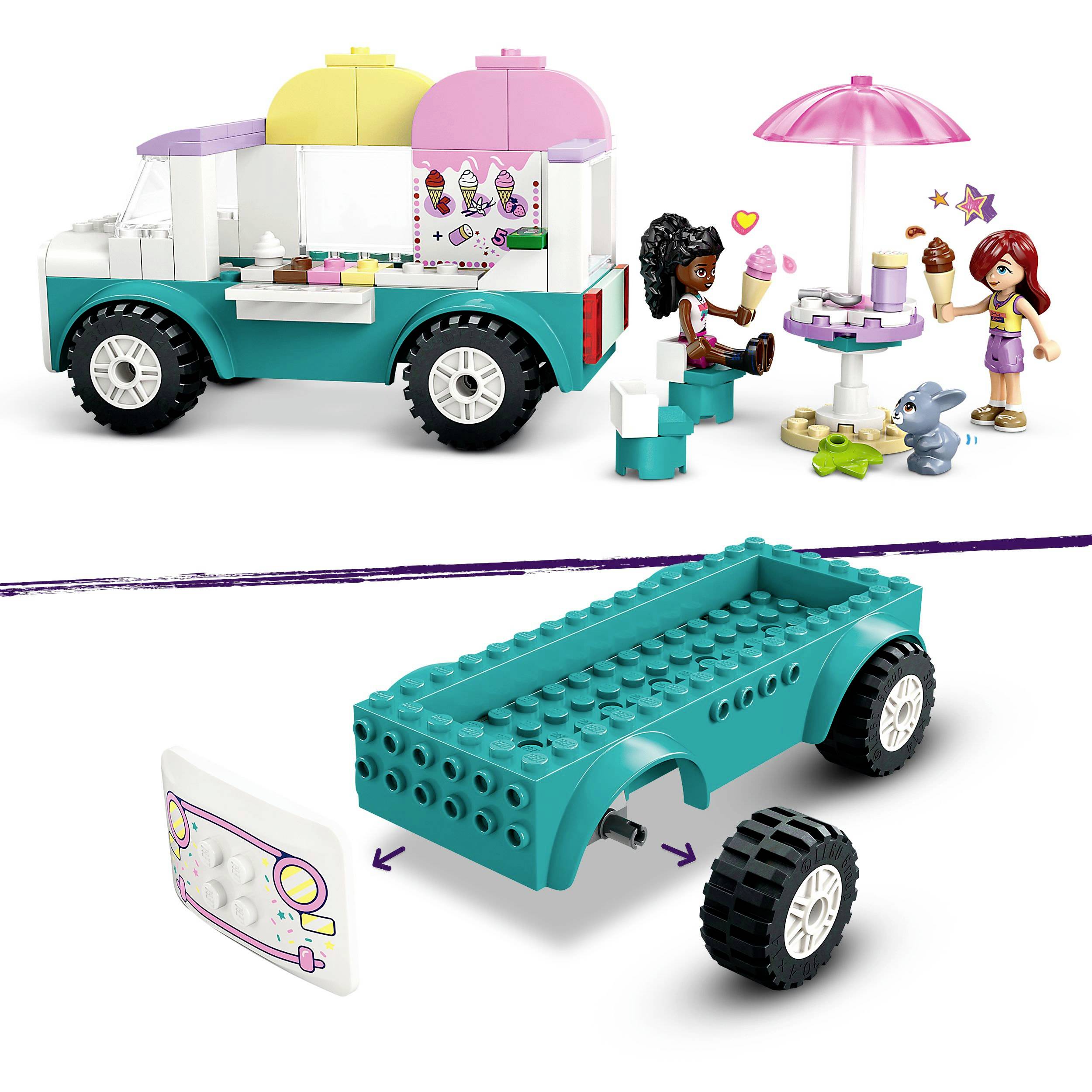 Lego-Set mit Eiswagen, zwei Figuren, Hasen und Sonnenschirm mit Tisch. Figuren sitzen und essen Eis neben dem Eiswagen. Aufbauanleitung unten.
