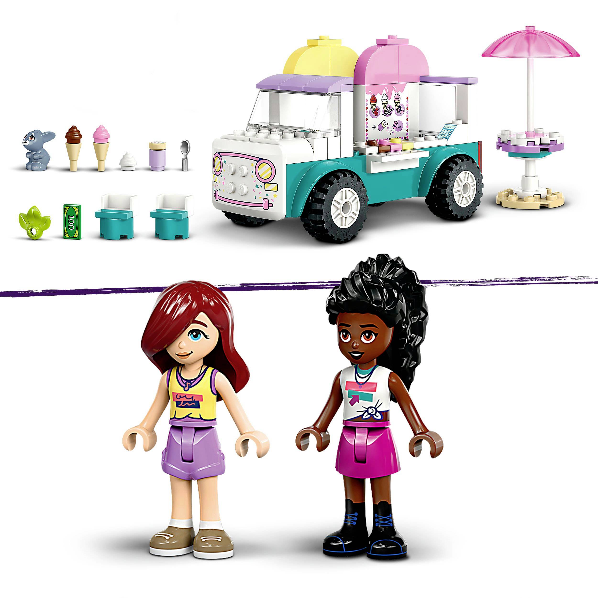 Ein Spielset mit einem bunten Eiswagen und zwei Figuren. Es gibt Eiswaffeln, Tüten und Zubehör wie Sonnenschirm und Trittbrett.