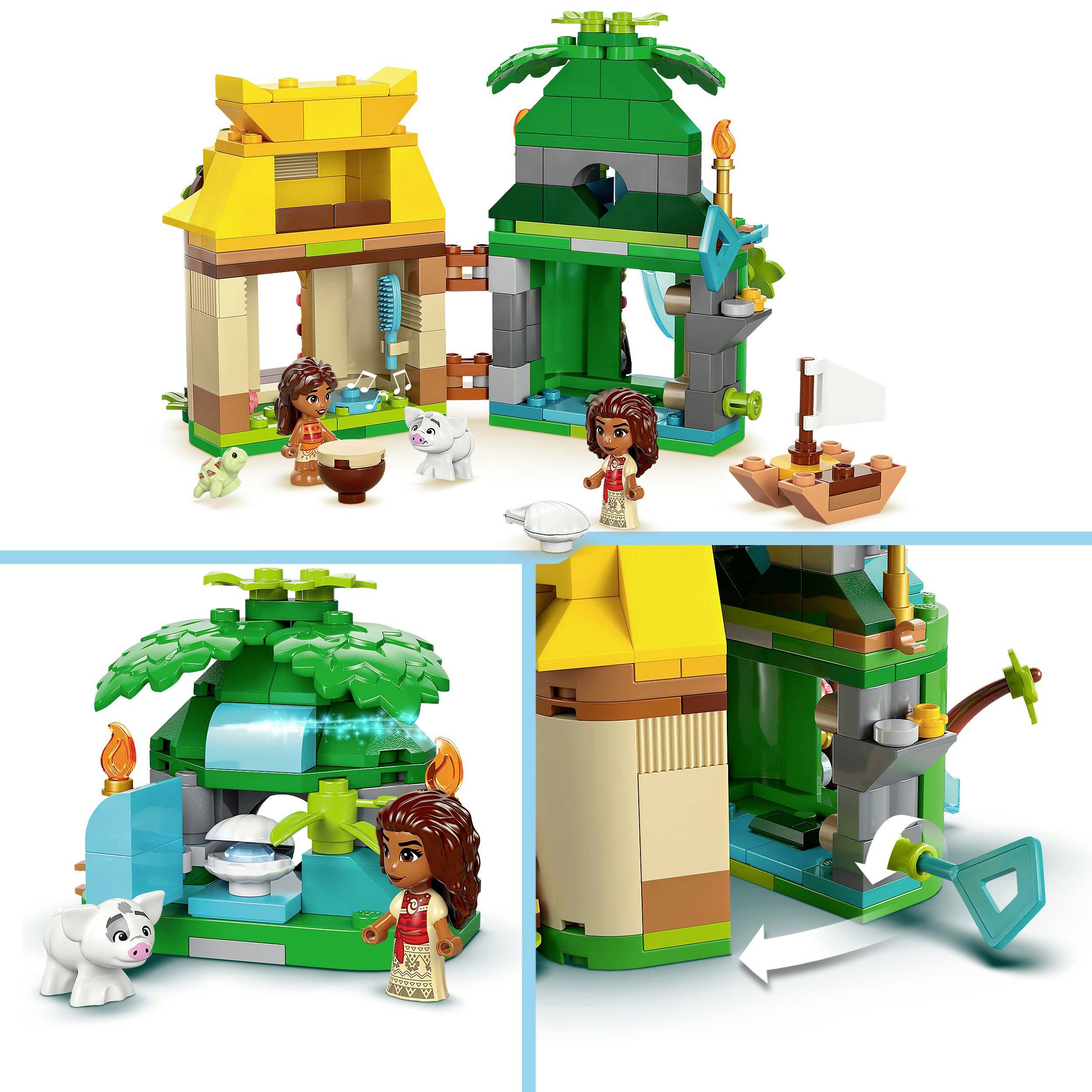 LEGO-Spielset mit Figuren, Tieren und Strandhütten. Enthält eine weibliche Figur in traditionellem Kleid, einen weißen Hund und mehrere Bauwerke.
