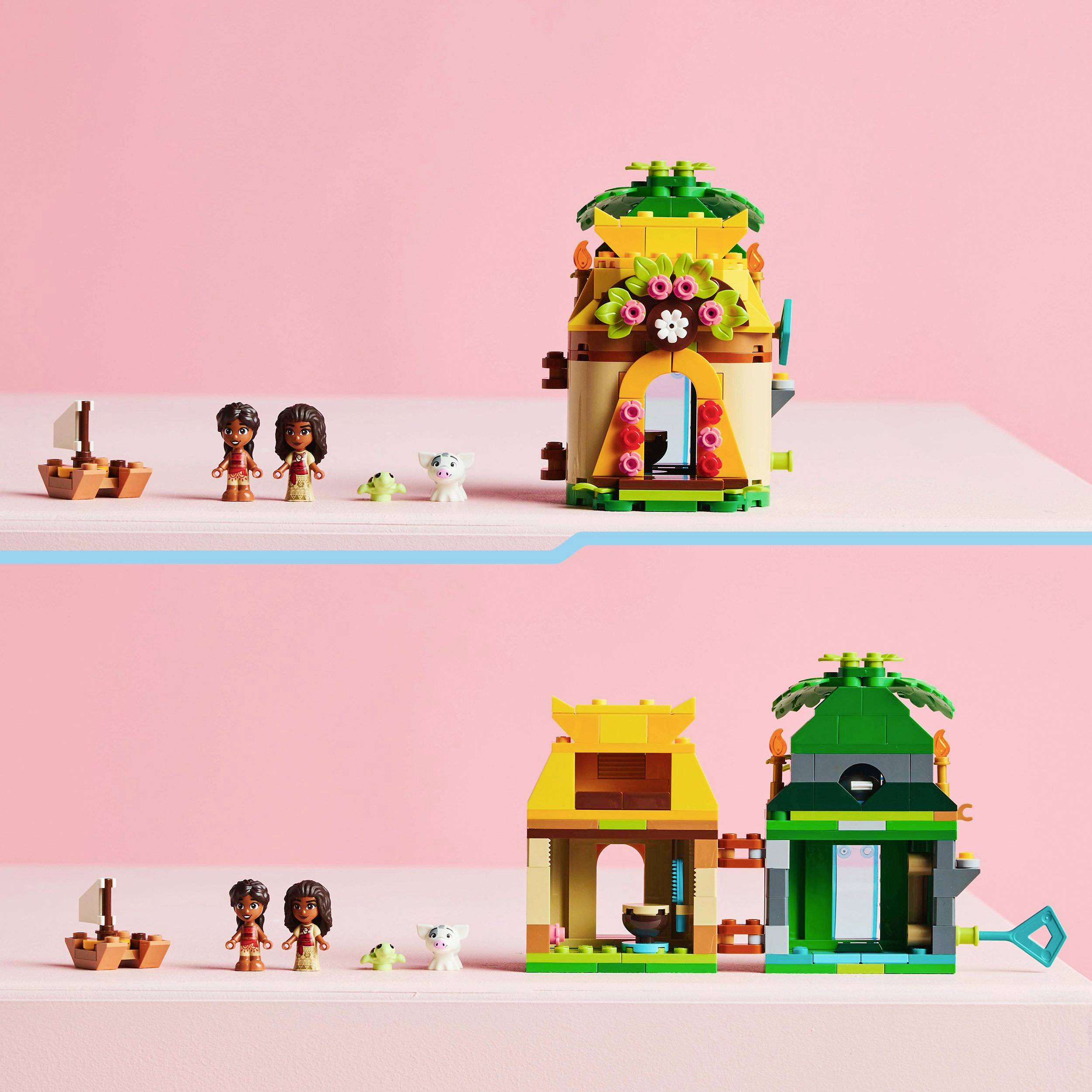Lego-Set mit zwei Puppen und Tieren, bestehend aus einer kleinen Hütte mit Blumen und einem abnehmbaren Dach auf einem rosa Hintergrund.