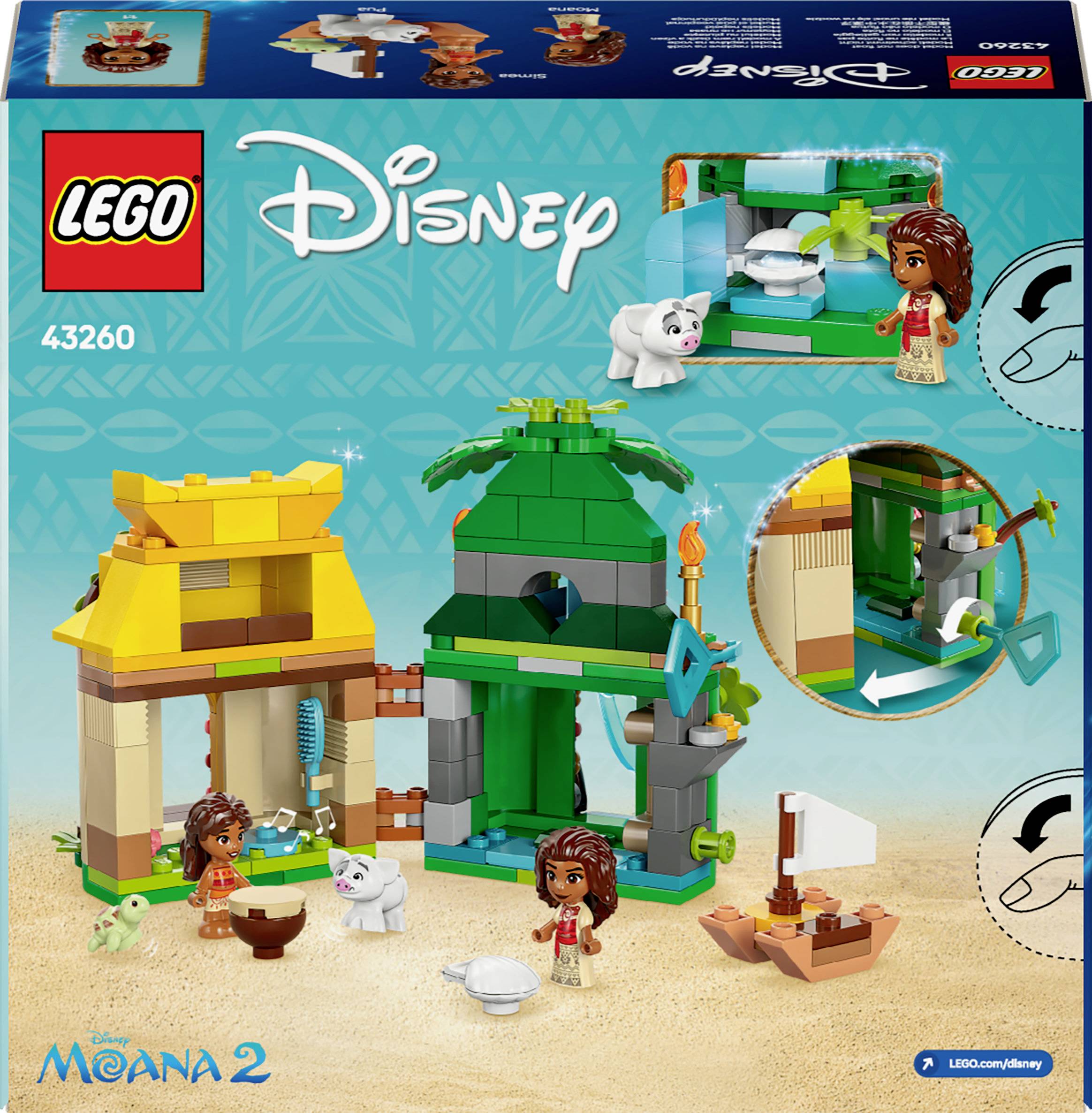 LEGO-Set 'Disney Vaiana' mit Figuren und strukturierten Bauten auf Sand. Zwei Figuren und ein Boot sind enthalten.