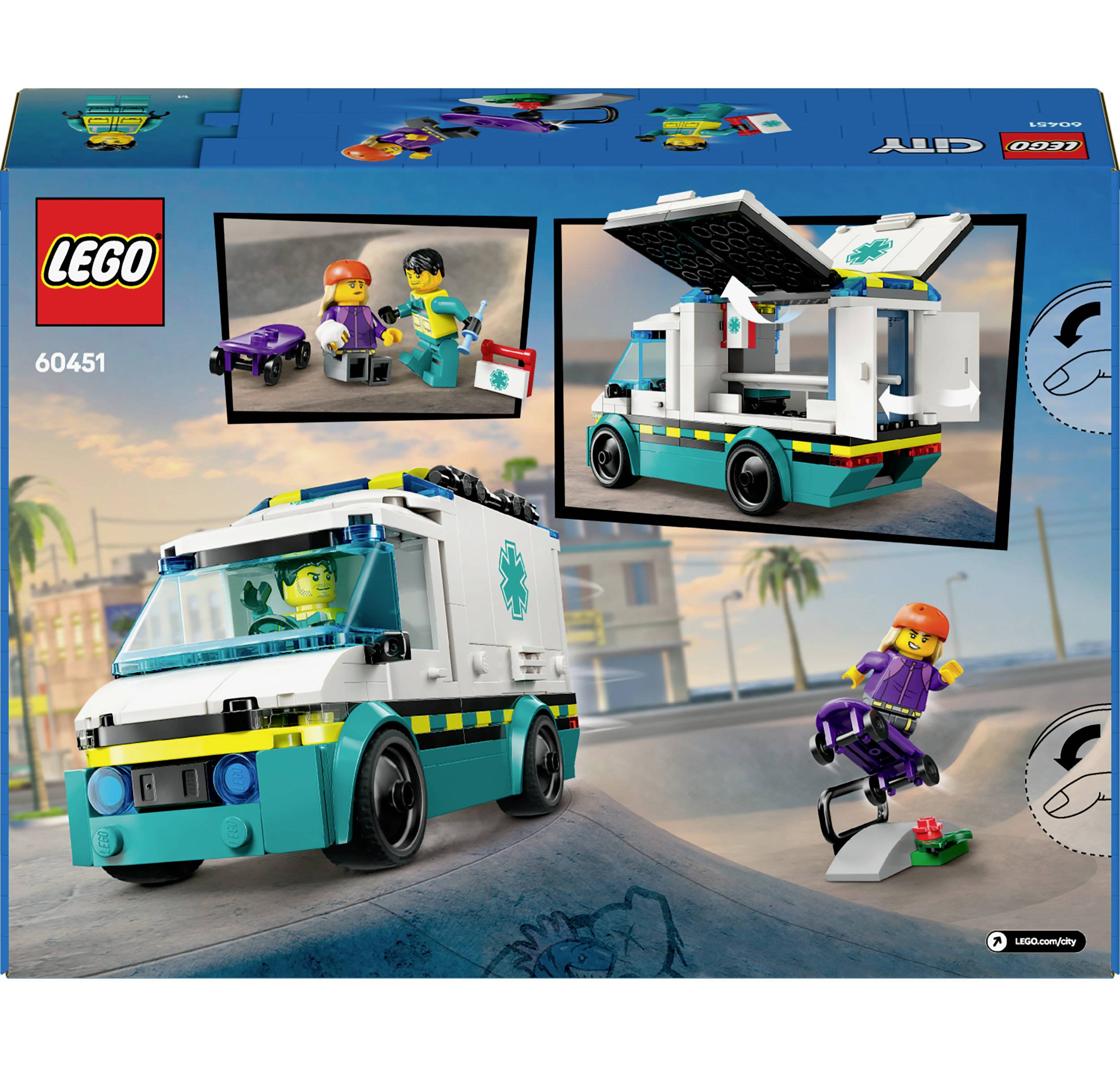 LEGO-Set Verpackung mit einem Krankenwagen und zwei Minifiguren. Eine Person fährt auf einem Skateboard, während die andere den Krankenwagen fährt.
