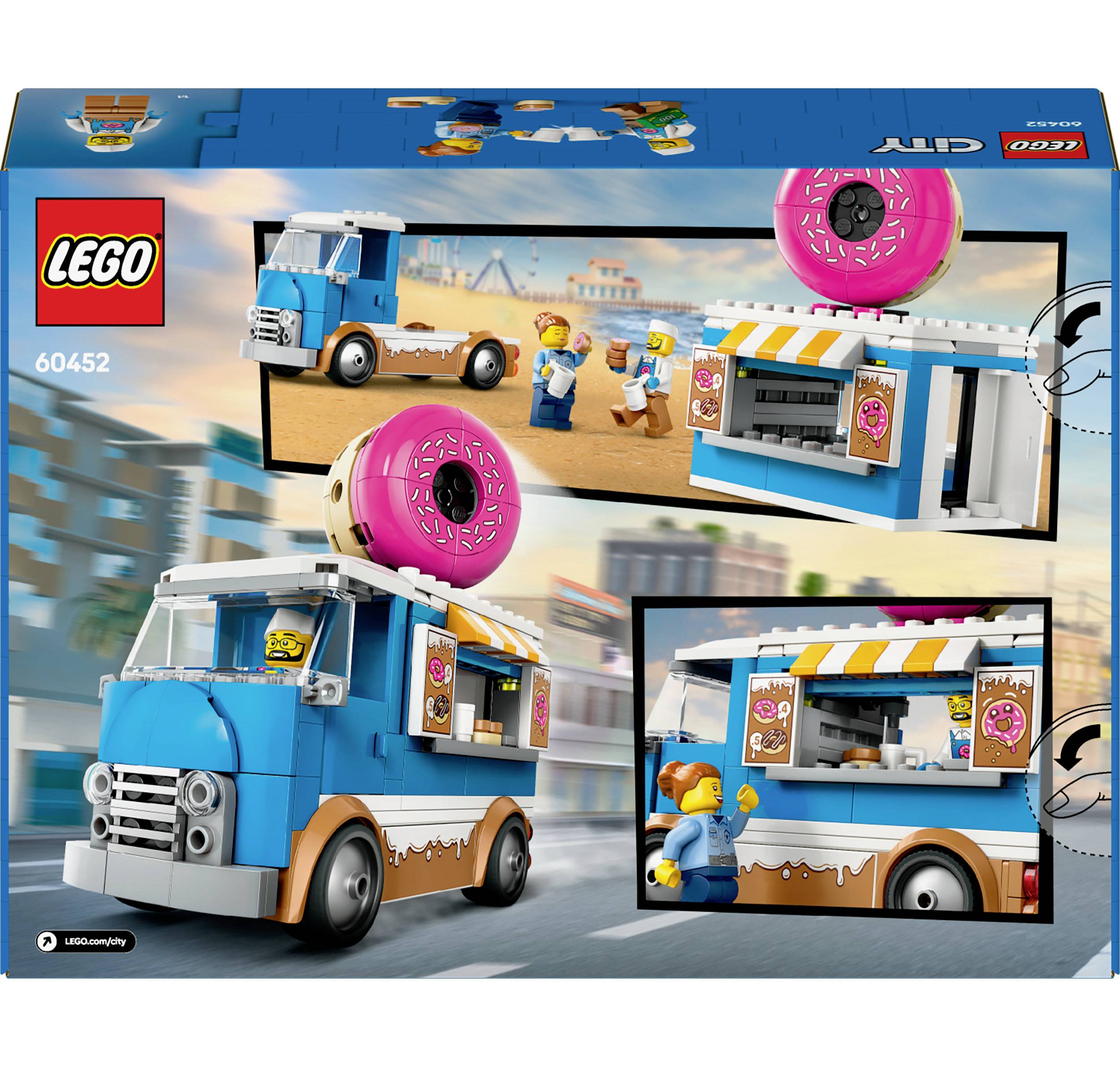 'Lego Bausatz 60452: Verkaufswagen-Set mit Donut, Minifiguren und Verkaufsstand, Strandkulisse im Hintergrund, fröhliche Szenen.'
