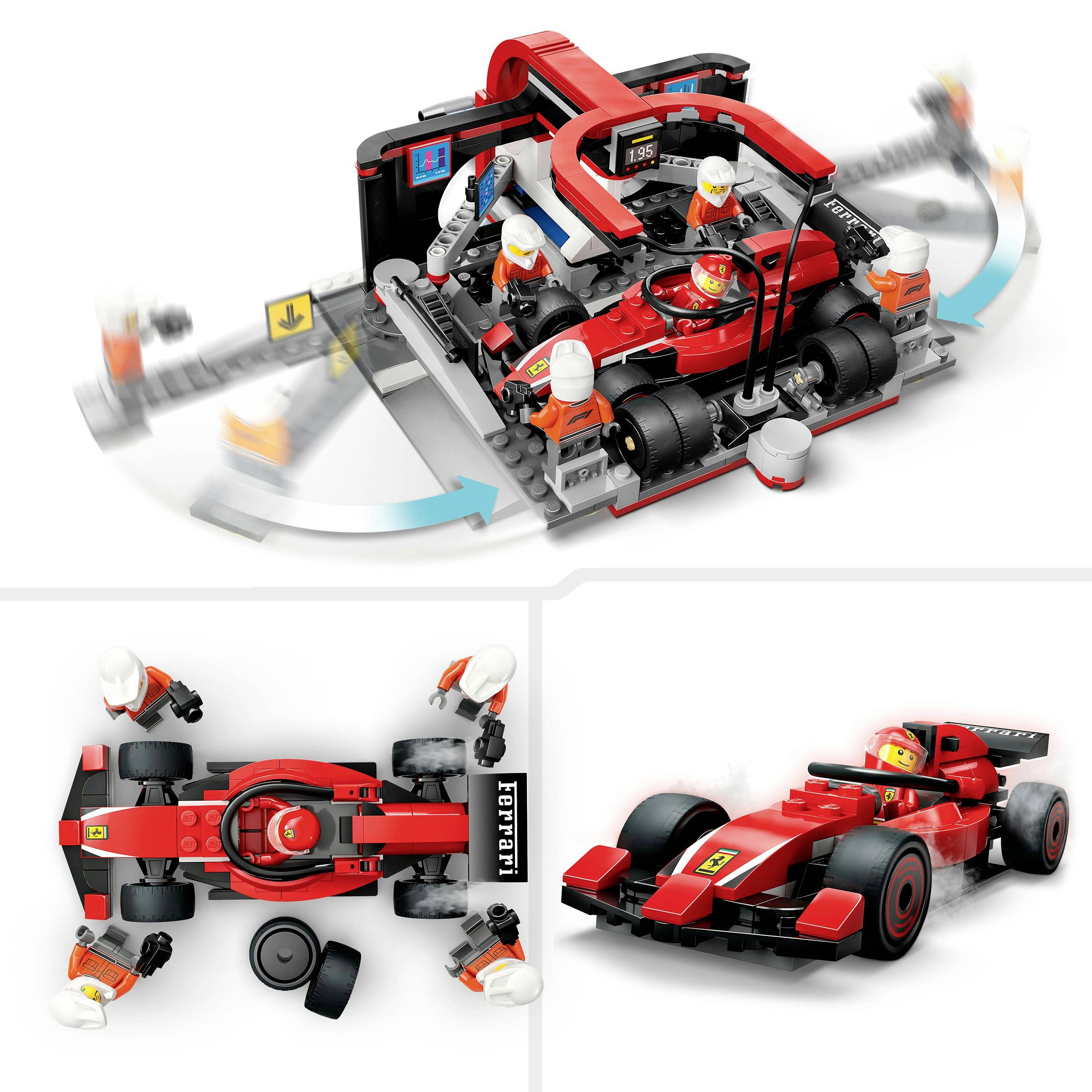 Das Bild zeigt ein LEGO-Set mit einem Ferrari-Rennwagen und Boxenstopp-Szene. Figuren arbeiten am Wagen, und der Ferrari ist rot und schwarz.