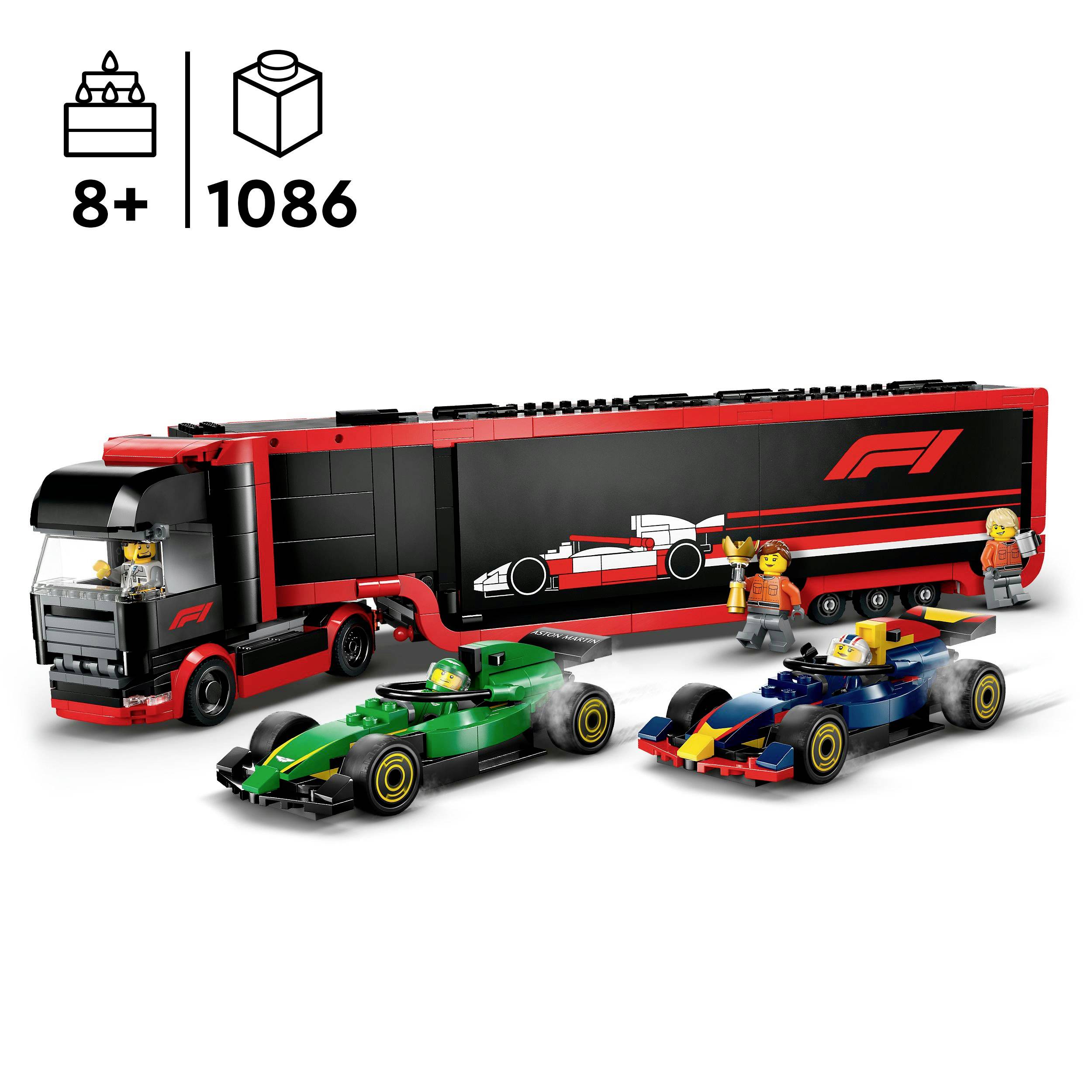 Ein LEGO-Set mit Formel-1-Thema. Enthält einen schwarzen Renntransporter, zwei Rennwagen und Figuren. Geeignet ab 8 Jahren, 1086 Teile.