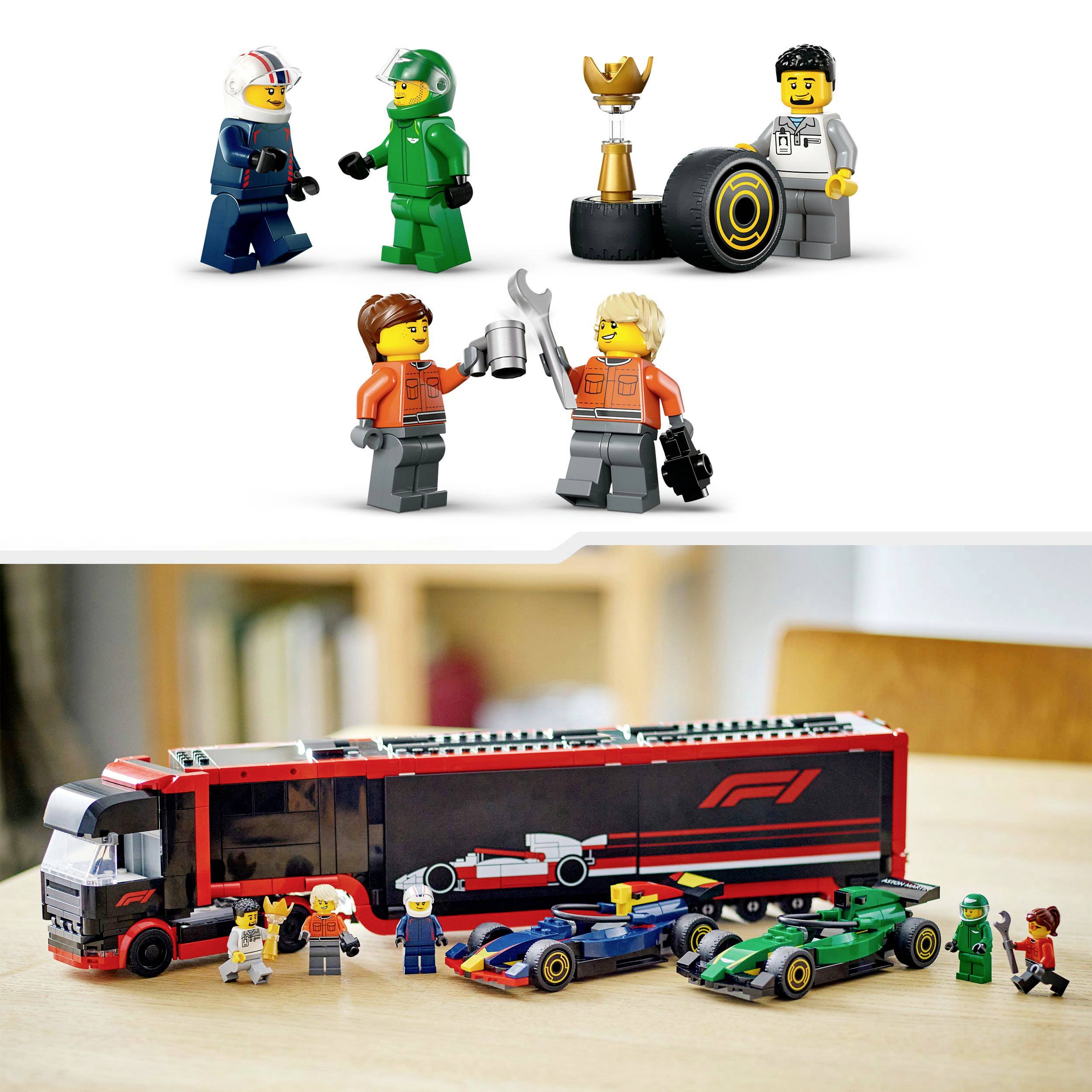 'LEGO Formel-1-Set mit Rennwagen, Figuren in Rennanzügen und einem roten LKW. Pokal und Reifen als Zubehör. Szenen aus der Box.'