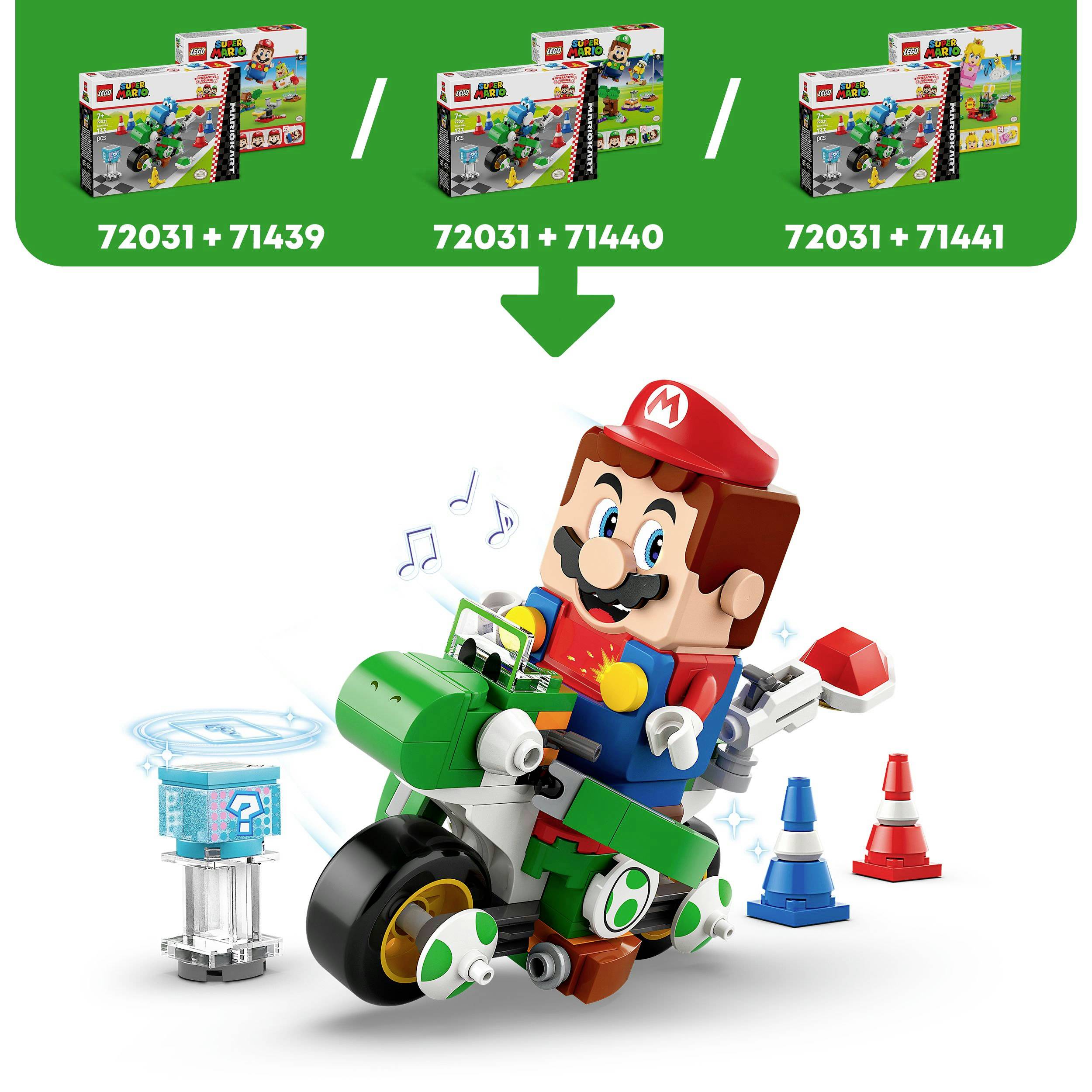 Ein LEGO Mario-Set zeigt eine Figur auf einem Motorrad mit blauen Musiknoten und Verkehrshütchen. Oben sind Verpackungen mit Setnummern: 72031, 71439, 71440, 71441.
