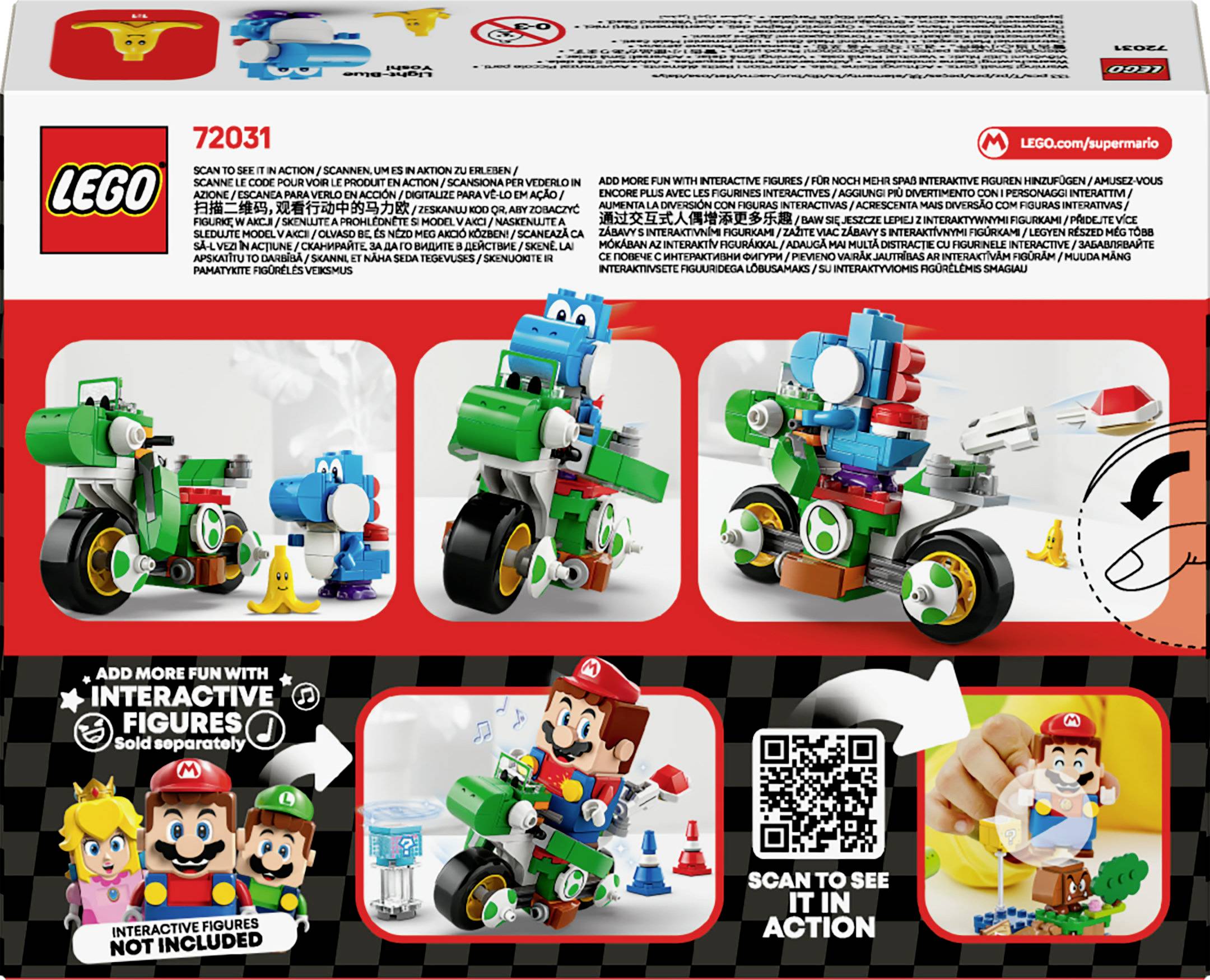 'LEGO-Set 72031: Bau- und Spielszene mit interaktiven Figuren aus Super Mario. Zeigt kreative Fahrzeugkombinationen und QR-Code für weitere Infos.'