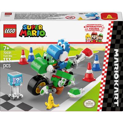 LEGO-Set "Super Mario Yoshi's Motorrad" für Kinder ab 7 Jahren. Enthält 133 Teile, eine Yoshi-Figur und Straßenelemente.