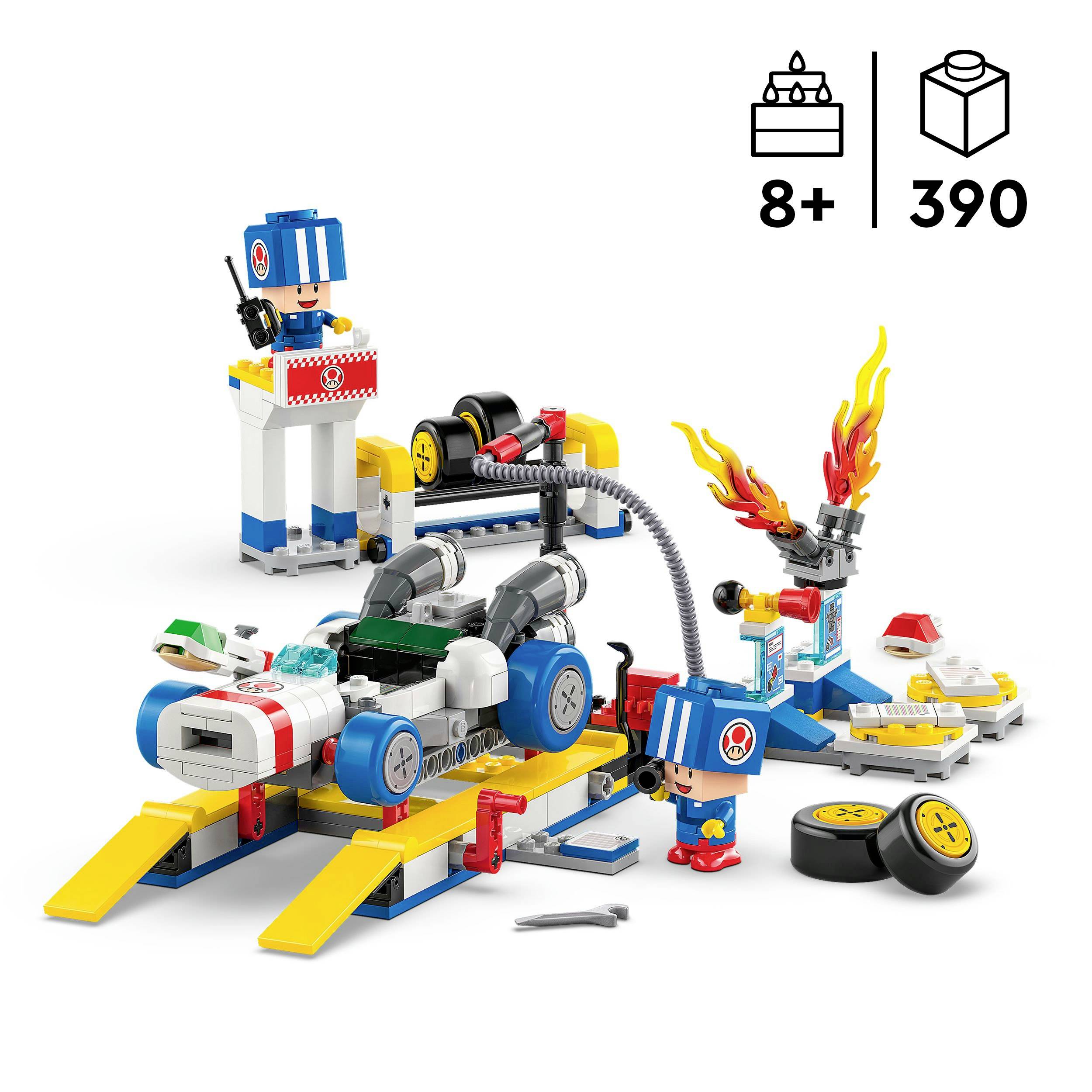 Ein LEGO-Set mit Rennwagen-Werkstatt. Enthält Figuren, Werkzeuge und Startplattform. Geeignet für Kinder ab 8 Jahren, 390 Teile.