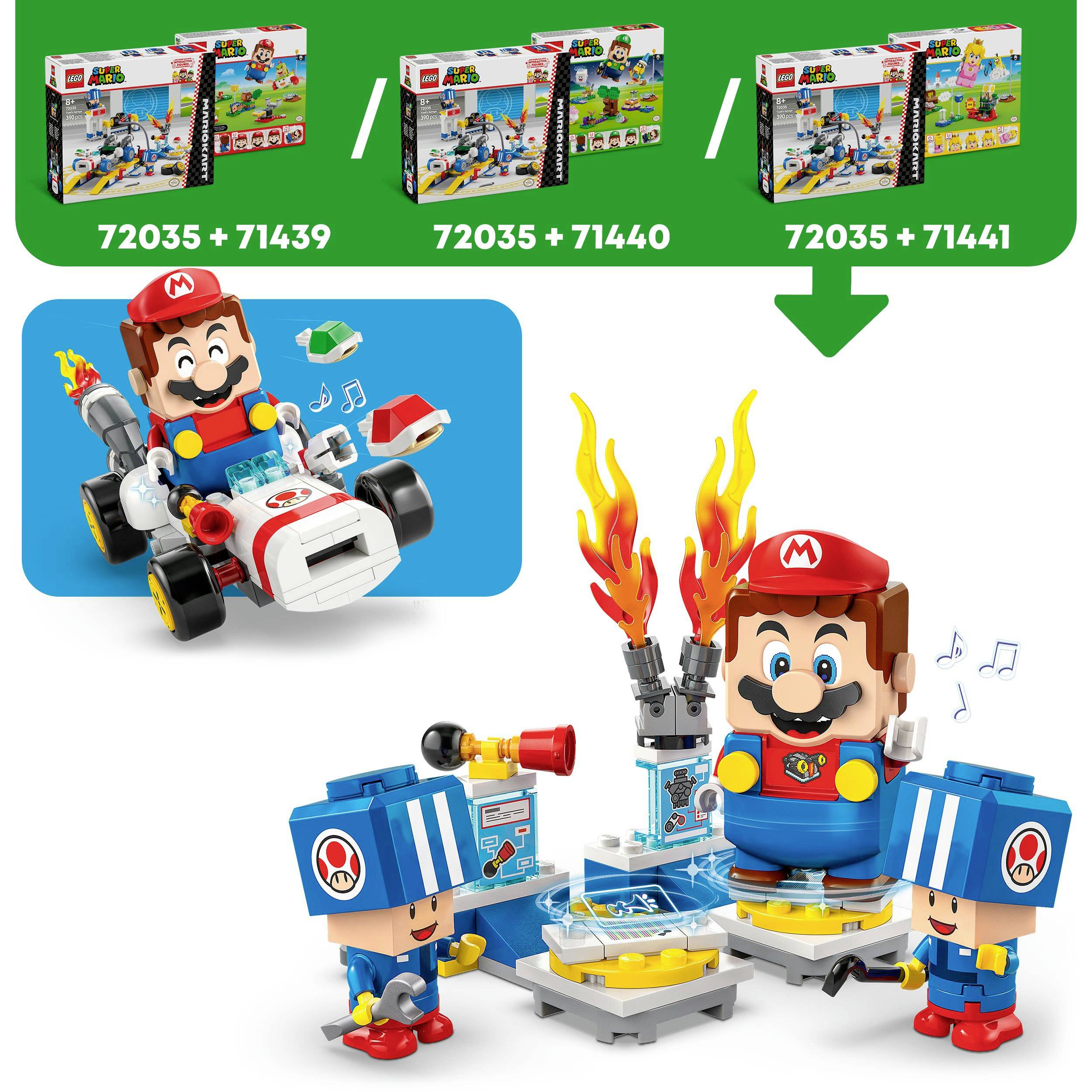 Eine LEGO-Szene mit Mario-Figuren. Drei LEGO-Sets oben bieten verschiedene Mario-Abenteuer. Unten eine Szene mit Mario und Toad.