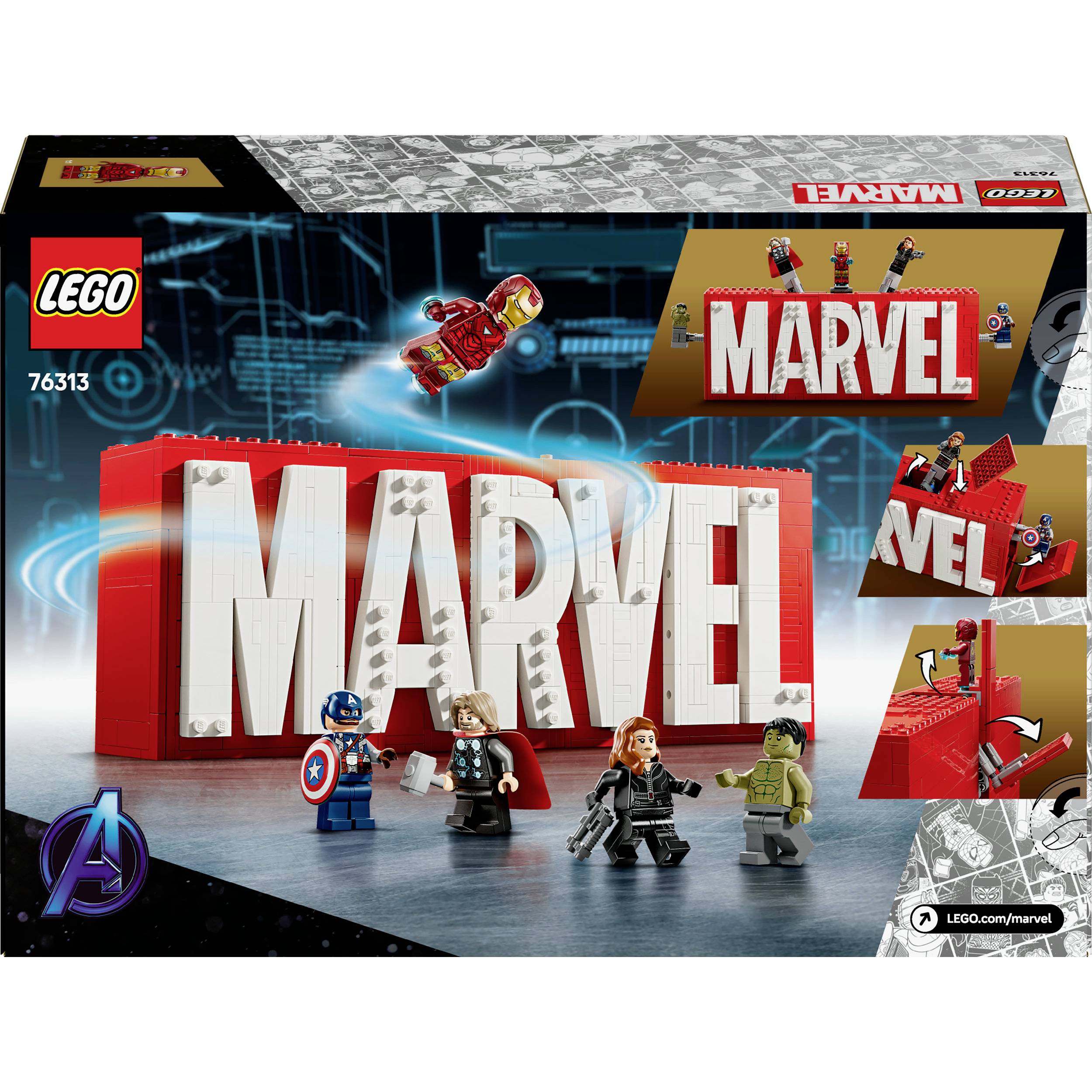 LEGO-Set bestehend aus einem großen 'MARVEL'-Schriftzug und vier Minifiguren: Captain America, Iron Man, Black Widow und Hulk. Verpackung mit Marvel-Logo.