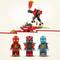 Drei LEGO-Figuren aus der Ninjago-Serie. Zwei Drachenjäger stehen in Kampfpose. Der rote Ninja auf einem Drachenflieger.