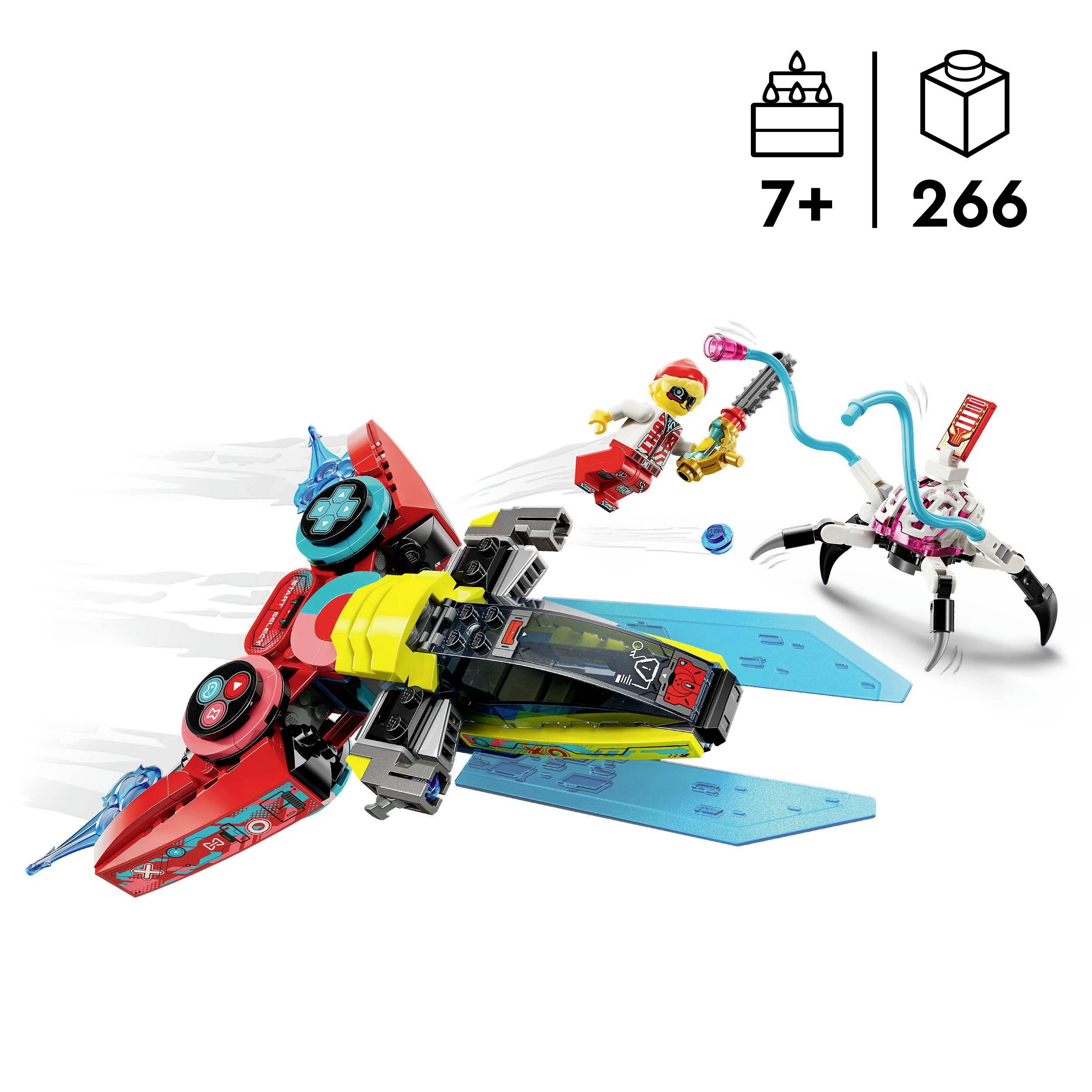 Ein Lego-Set mit einem bunten Flugzeug, einem Skelett und einer Figur mit Helm. Enthält 266 Teile, geeignet für Kinder ab 7 Jahren.