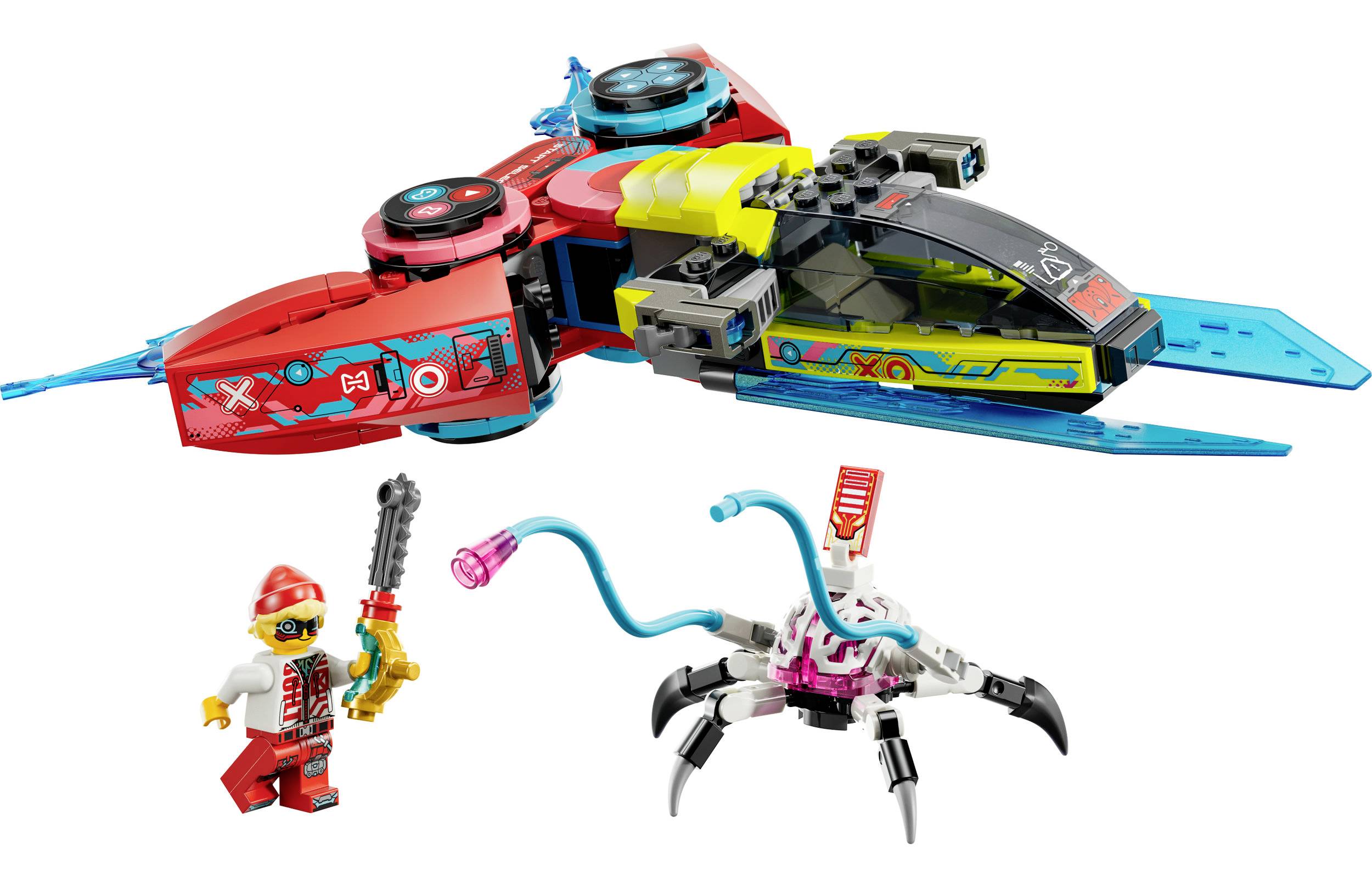 Ein buntes LEGO-Raumschiff, ein Astronaut mit Kettensäge und ein außerirdisches Wesen mit Tentakeln.