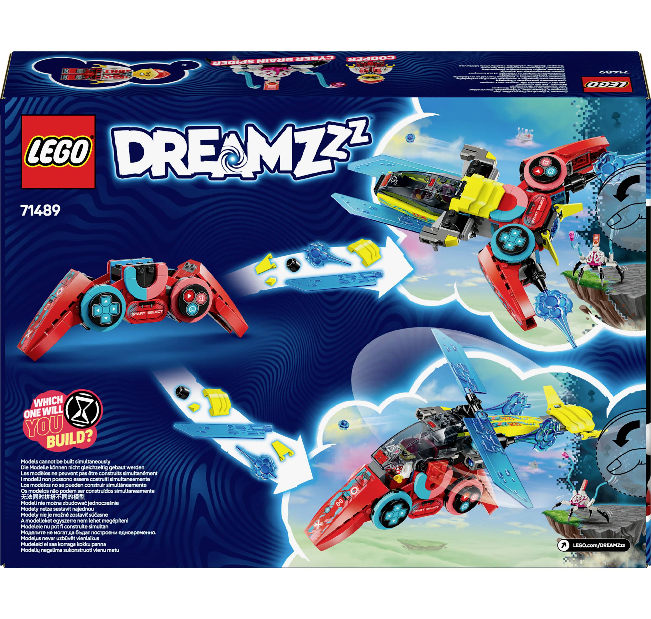 Die LEGO-Box zeigt das Set 'DREAMZzz' 71489, eine leuchtende Transformationsmaschine mit zwei Bauoptionen: Flugzeug oder autoähnliches Fahrzeug.