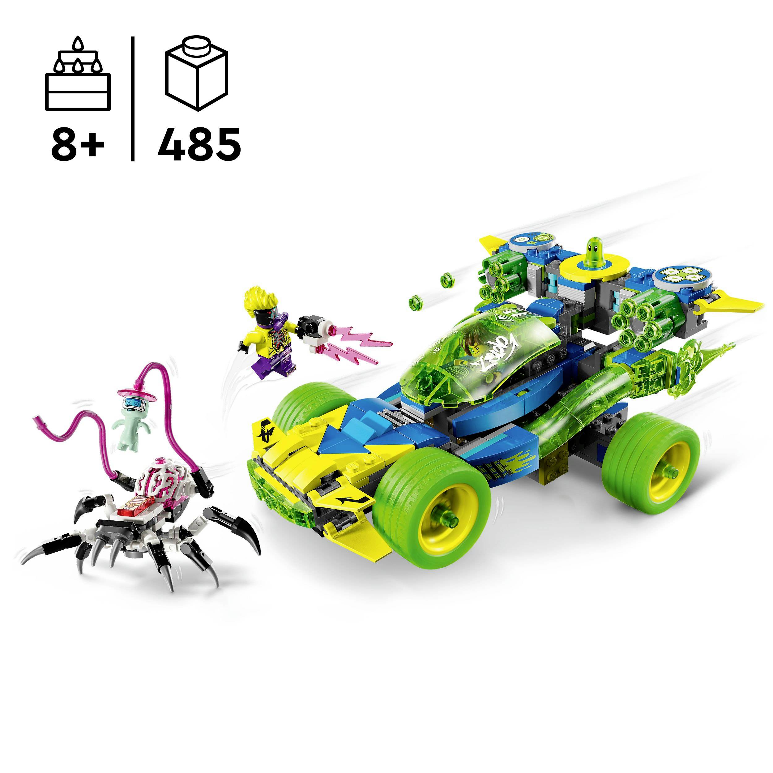 'LEGO-Set: Auto-Rennwagen mit leuchtend grünen und gelben Details. Enthaltene Figuren: eine Roboterfigur und ein lila gerüsteter Charakter. Ab 8 Jahren, 485 Teile.'