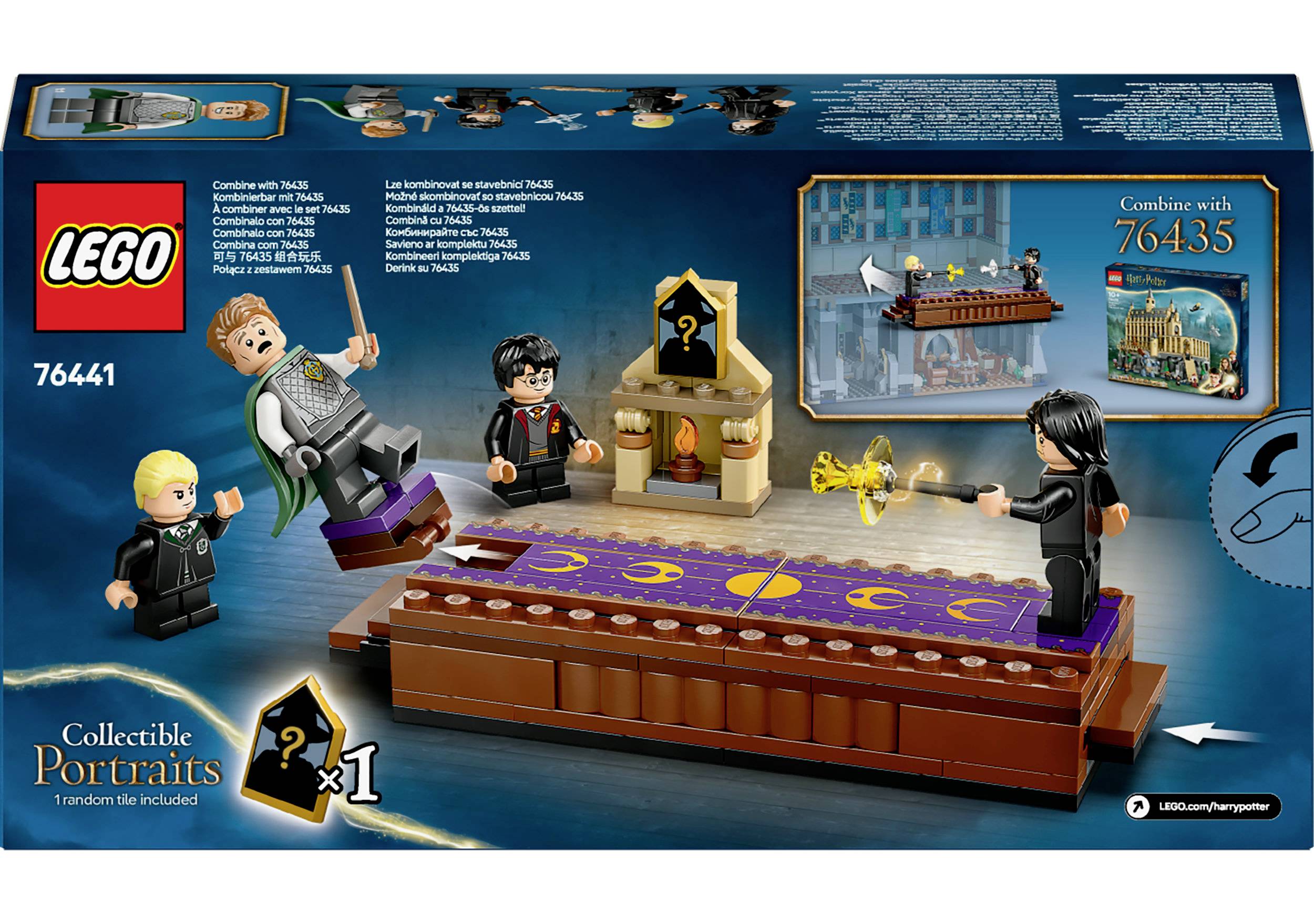 LEGO-Box mit Harry Potter-Charakteren auf einer schwebenden Plattform, Zauberstab und goldener Schlüssel, Setnummer 76441.