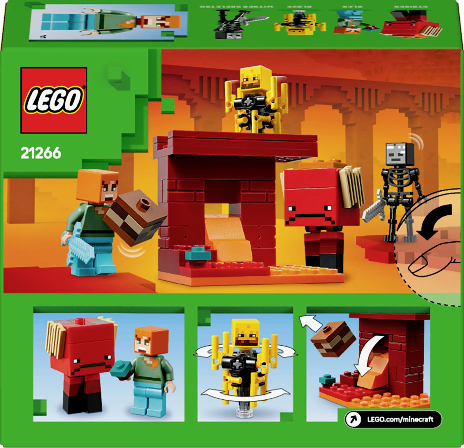 LEGO Minecraft-Set 'Netherbastion' zeigt Figuren und Bausteine, darunter Steve-, Blaze- und Wither-Skelett-Minifiguren in einer Nether-Szene.