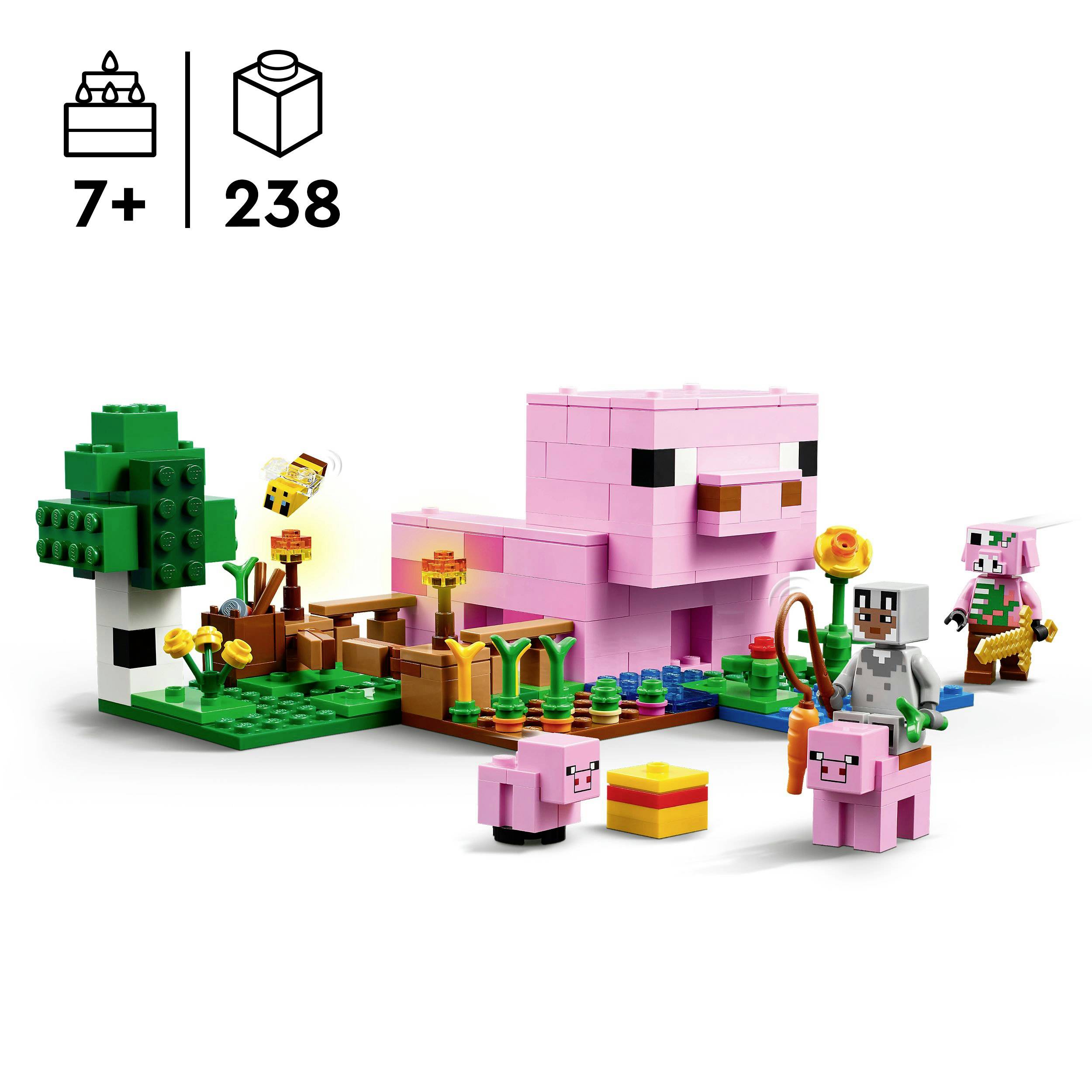 Lego-Set ab 7 Jahren, 238 Teile: Große rosa Schweinefigur, zwei kleine Schweine, Baum, Blumen und zwei Minecraft-Charaktere.