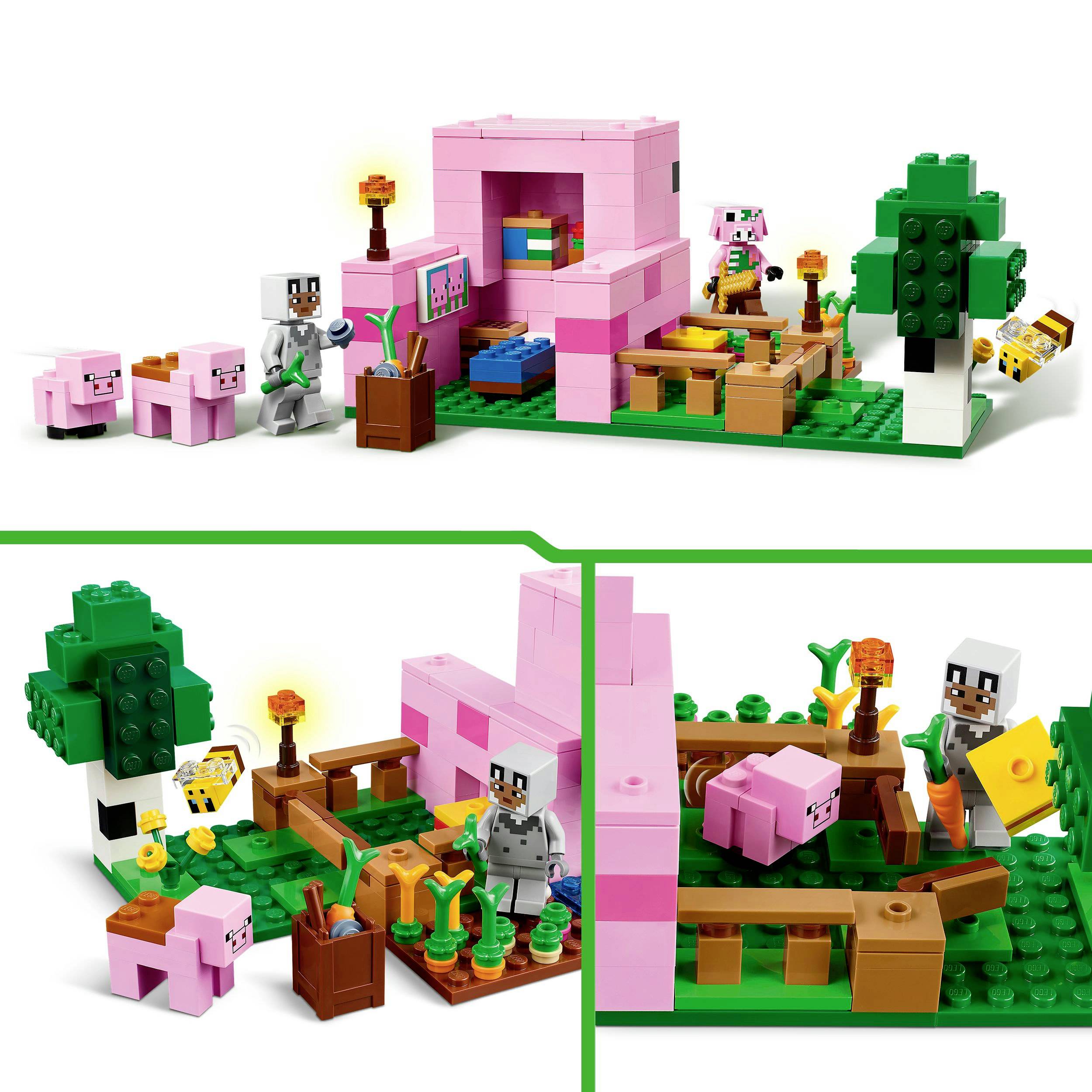 LEGO-Set mit Minecraft-Motiven: Ein Schweinestall aus Bausteinen, zwei Schweinefiguren, ein rüstungsbekleideter Charakter und ein weiteres Tier.