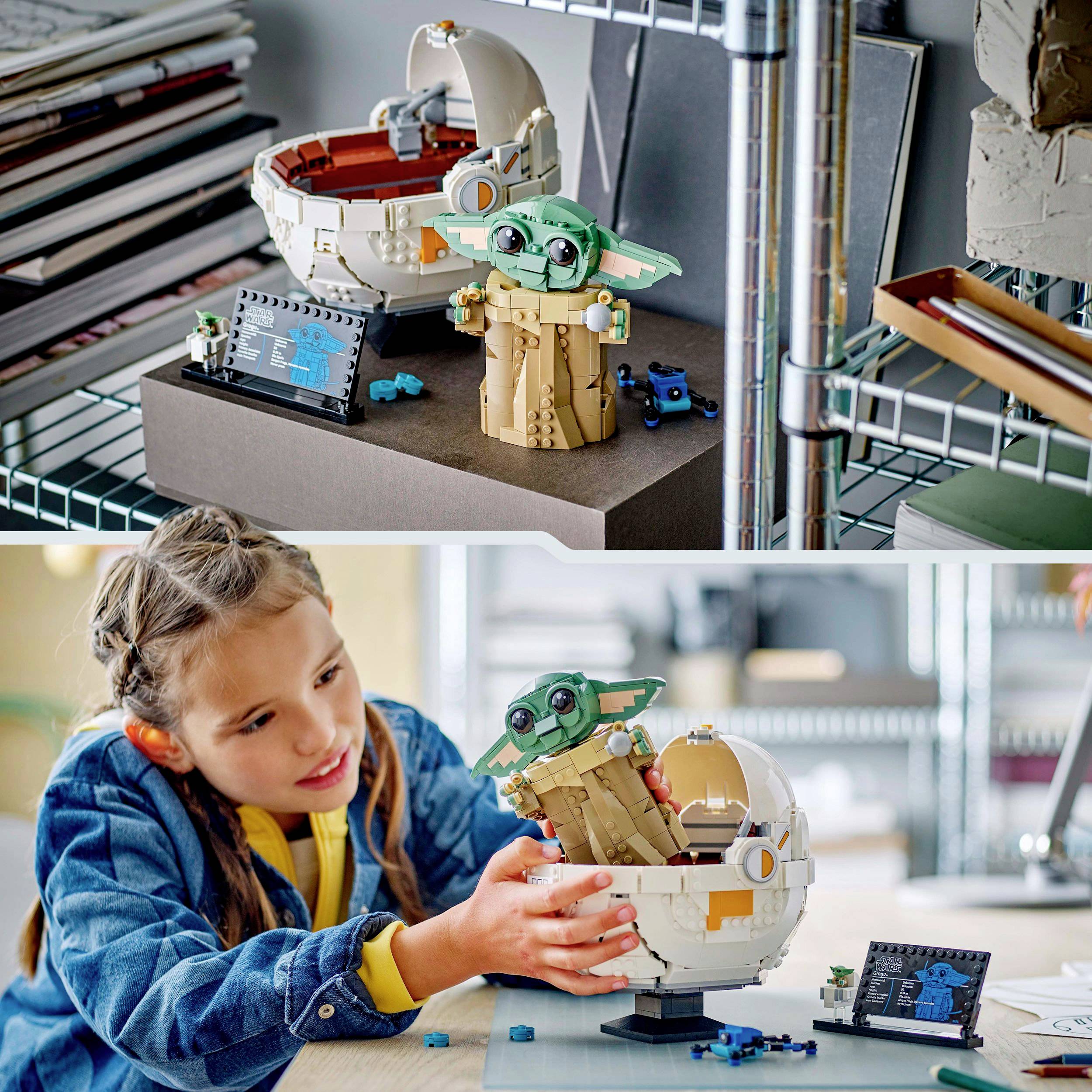 Ein Kind spielt mit einer LEGO-Figur und einem Raumschiff-Modell. Die Figur sieht aus wie ein kleiner grüner Charakter mit großen Ohren.