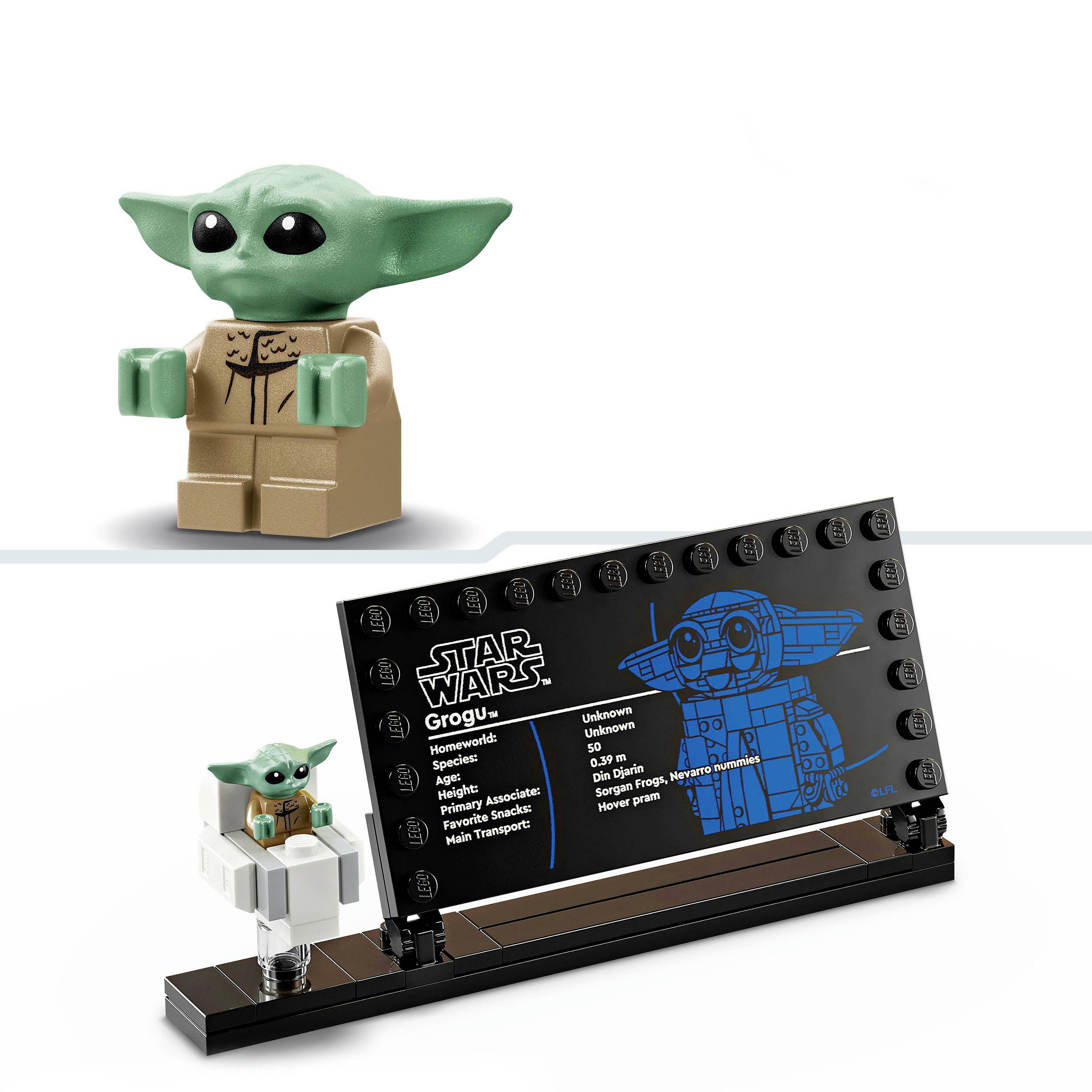 'LEGO-Set von Grogu aus Star Wars, Figur und Infotafel nebeneinander. Tafel enthält Daten wie Name, Spezies und Heimatplanet.'