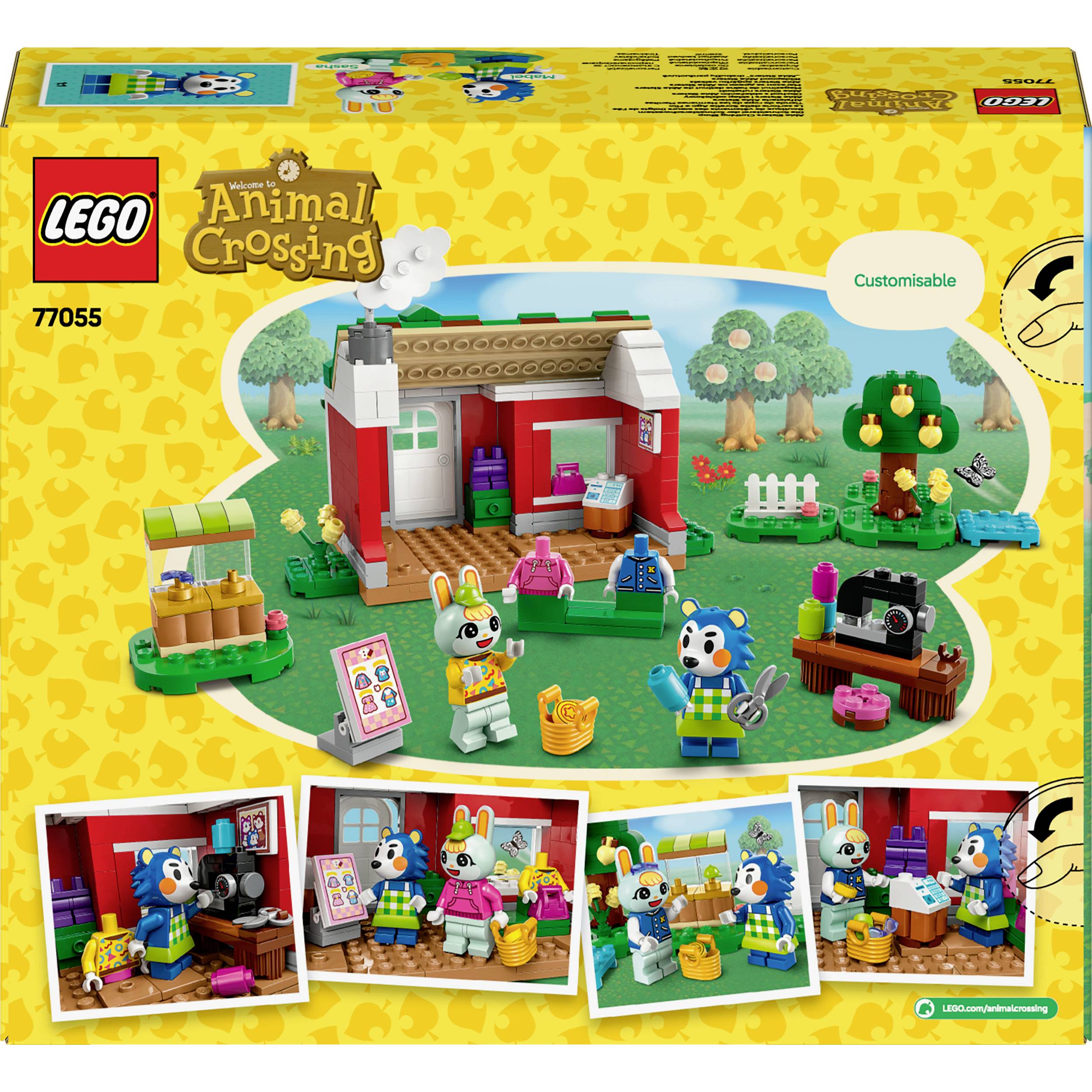 LEGO-Set mit 'Animal Crossing' Thema. Hauptszenen zeigen Figuren in einem farbenfrohen, kreativen, anpassbaren Spielumfeld.