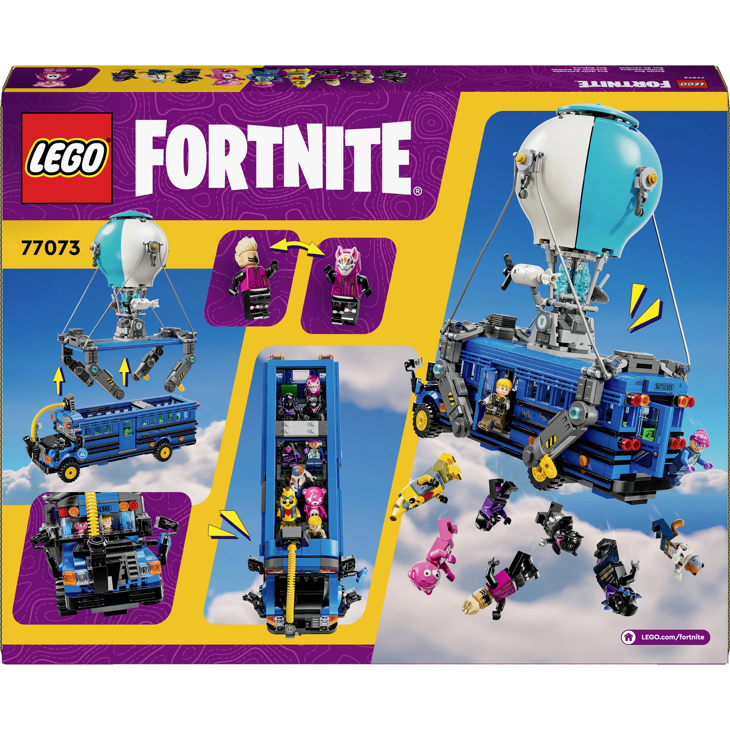 LEGO-Set 'Fortnite Battle Bus' Verpackung: Enthält eine Nachbildung des Battle-Busses aus dem Spiel, inkl. Figuren und Zubehör.