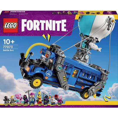 LEGO-Set 'Fortnite Battle Bus', empfohlen ab 10 Jahren. Enthält blaue Bus-Nachbildung mit Ballon, Figuren und Zubehör.