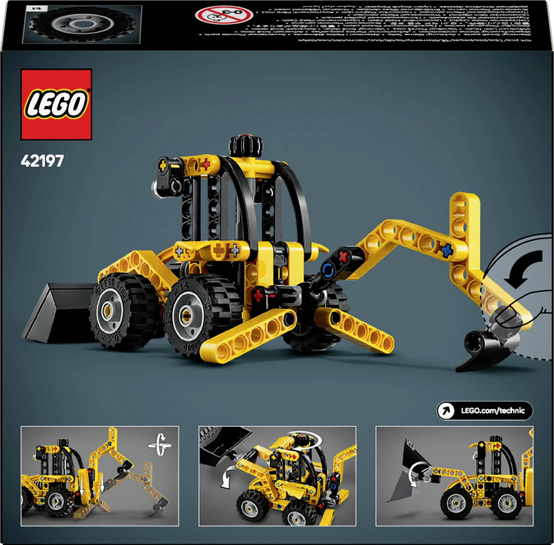 Bausatz für einen gelben LEGO-Technik-Bagger mit beweglichem Arm. Zeigt verschiedene Bauoptionen auf der Verpackung.