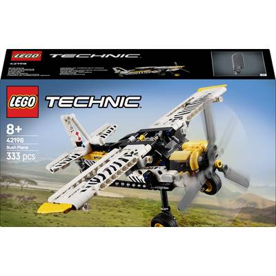 LEGO Technic Set 42198: Modell eines Buschflugzeugs mit Propeller. Enthält 333 Teile. Verpackung zeigt Flugzeug vor Landschaft. Ab 8 Jahren geeignet.