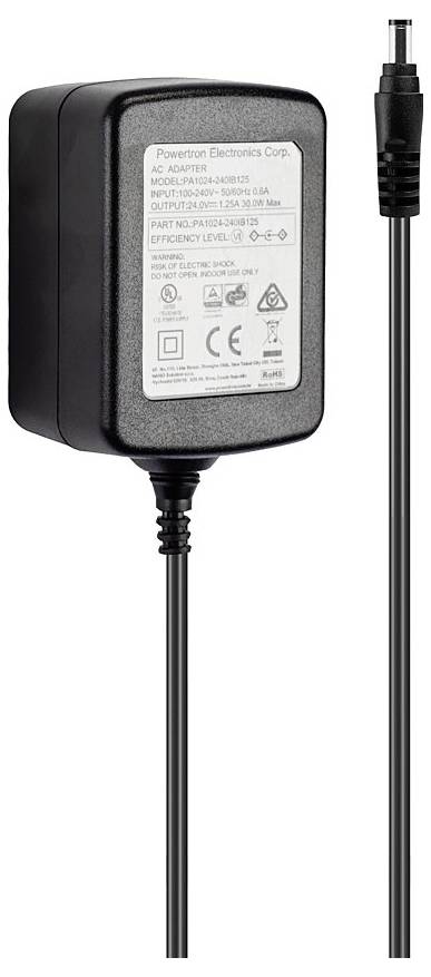 'Schwarzes Netzteil mit Kabel und Stecker, zeigt Sicherheitszertifizierungen und technische Spezifikationen auf weißem Aufkleber.'