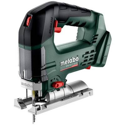 Kabelloses Metabo-Stichsäge mit Sägeblatt und Metallbasierplatte, in einer Seitenansicht auf weißem Hintergrund dargestellt.