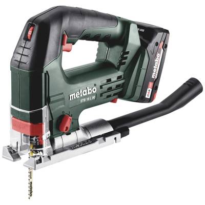 Akkustichsäge in Schwarz-Grün mit Metabo-Logo, seitlicher Ansichtsaufnahme. Ideal für präzises Schneiden in Holz und Metall.