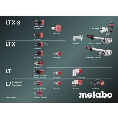 'Metabo' Katalogseite mit verschiedenen Bohrfuttermodellen, gekennzeichnet als LTX-3, LTX, LT und L/BS, mit Produktnummern und Bildern.
