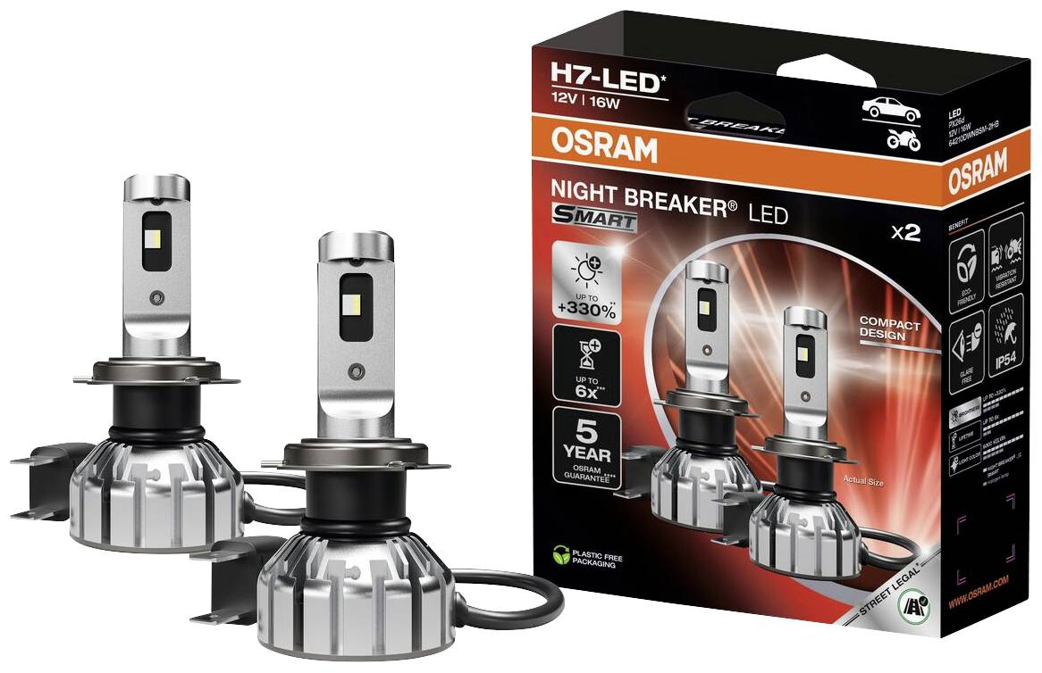'OSRAM H7-LED Night Breaker' Lampen mit Verpackung. Zwei LED-Autolampen zeigen Produktdetails: 12V, 16W, kompakte Bauweise, 5 Jahre Garantie.