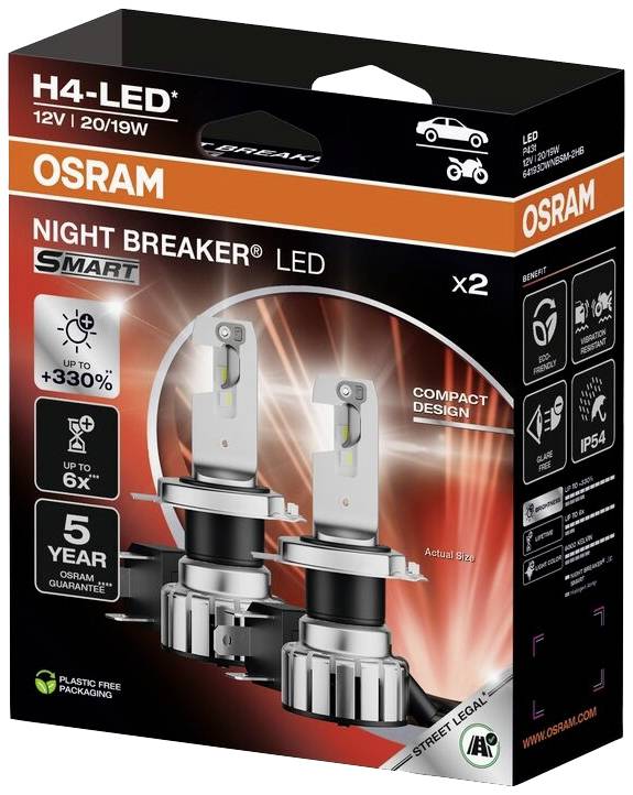 'Osram Night Breaker' LED Lampenverpackung mit zwei H4-LEDs, 12V/20/19W, verspricht bis zu 330% mehr Helligkeit und kompakte Bauweise.