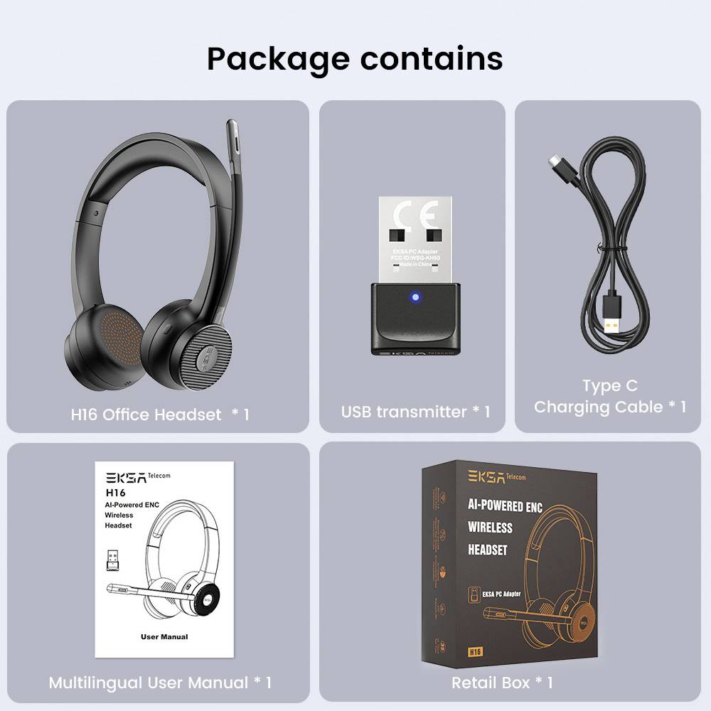 'Package enthält: H16 Office Headset, USB-Sender, Type-C-Ladekabel, mehrsprachiges Benutzerhandbuch, Einzelhandelsverpackung.'