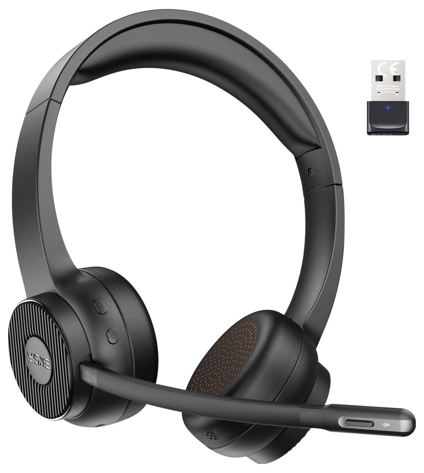 Kabelloses Headset in Schwarz mit Mikrofon und zugehörigem USB-Dongle, geeignet für Telefonate und Musik.