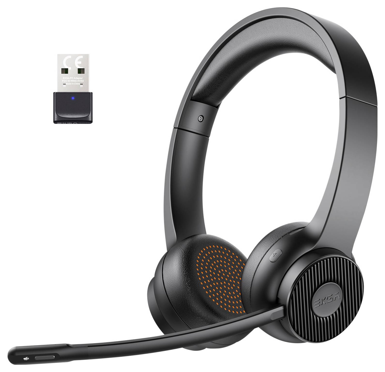 Kabelloses Headset mit Mikrofon und USB-Empfänger. Geeignet für klare Kommunikation, ideal für Videokonferenzen und VoIP-Anrufe.