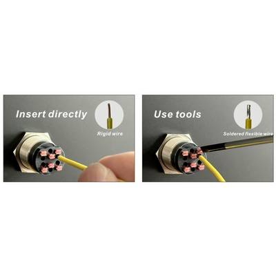 Links: Zwei nebeneinanderliegende Bilder zeigen elektrische Anschlüsse. Links: 'Rigide Leitung, direkt einstecken'. Rechts: 'Flexible Leitung, mit Werkzeug einführen'.