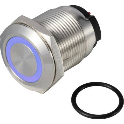 Metallischer Druckschalter mit blauem LED-Ring, seitlich liegend. Daneben liegt ein schwarzer Dichtungsring.