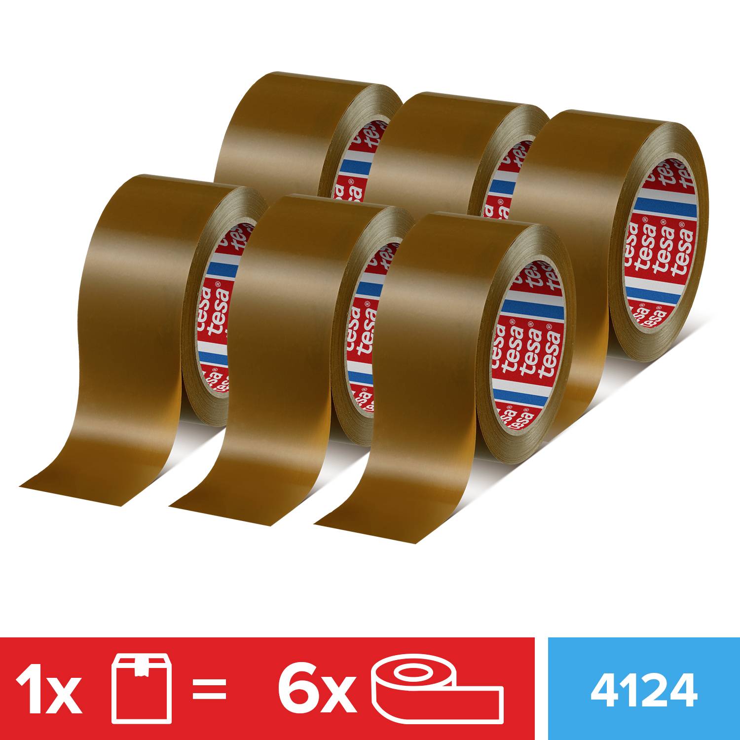 'Produktbild: Sechs Rollen Tesa Packband 4124 in Braun. Hinweis: Ein Pack enthält sechs Rollen.'