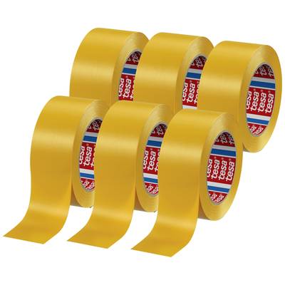 Sechs gelbe Klebebandrollen der Marke tesa in zwei Reihen.