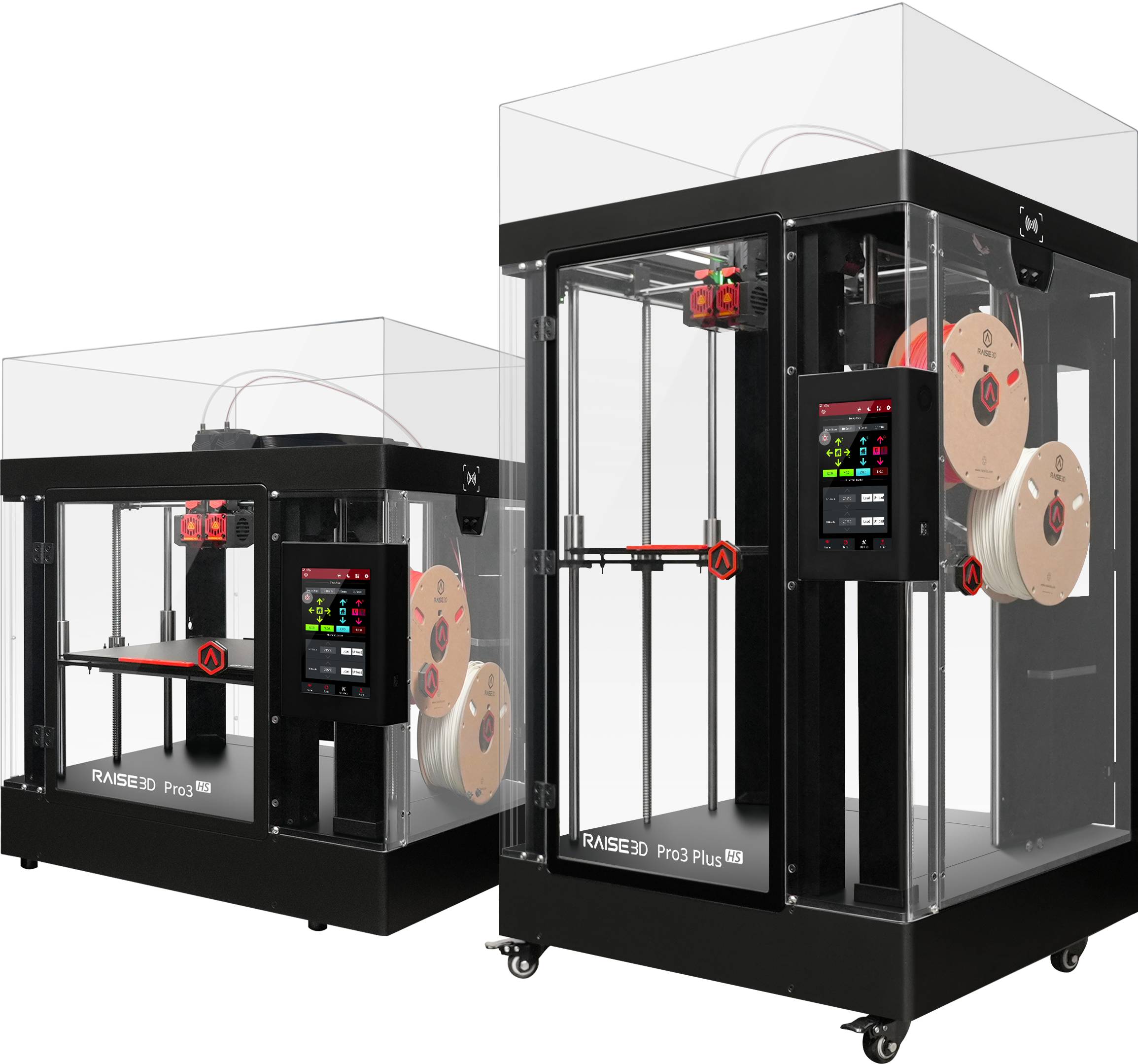 Zwei schwarze 3D-Drucker mit transparenten Gehäusen; rechte Maschine zeigt digitale Anzeige und zwei Spulen Filament.