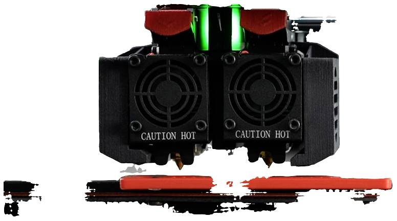 Zwei Lüfter mit der Aufschrift 'CAUTION HOT' auf einem Gerät, umgeben von roten und grünen Elementen.